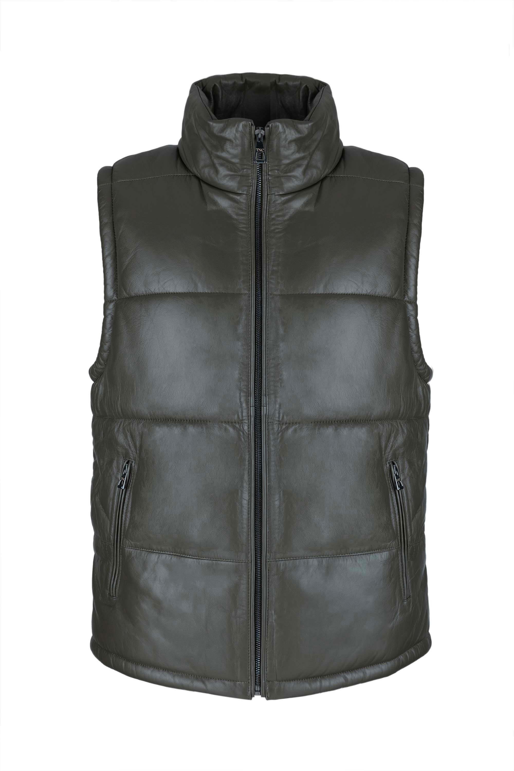 Tamer Tanca Erkek Hakiki Deri Yeşil Yelek Deri Mont