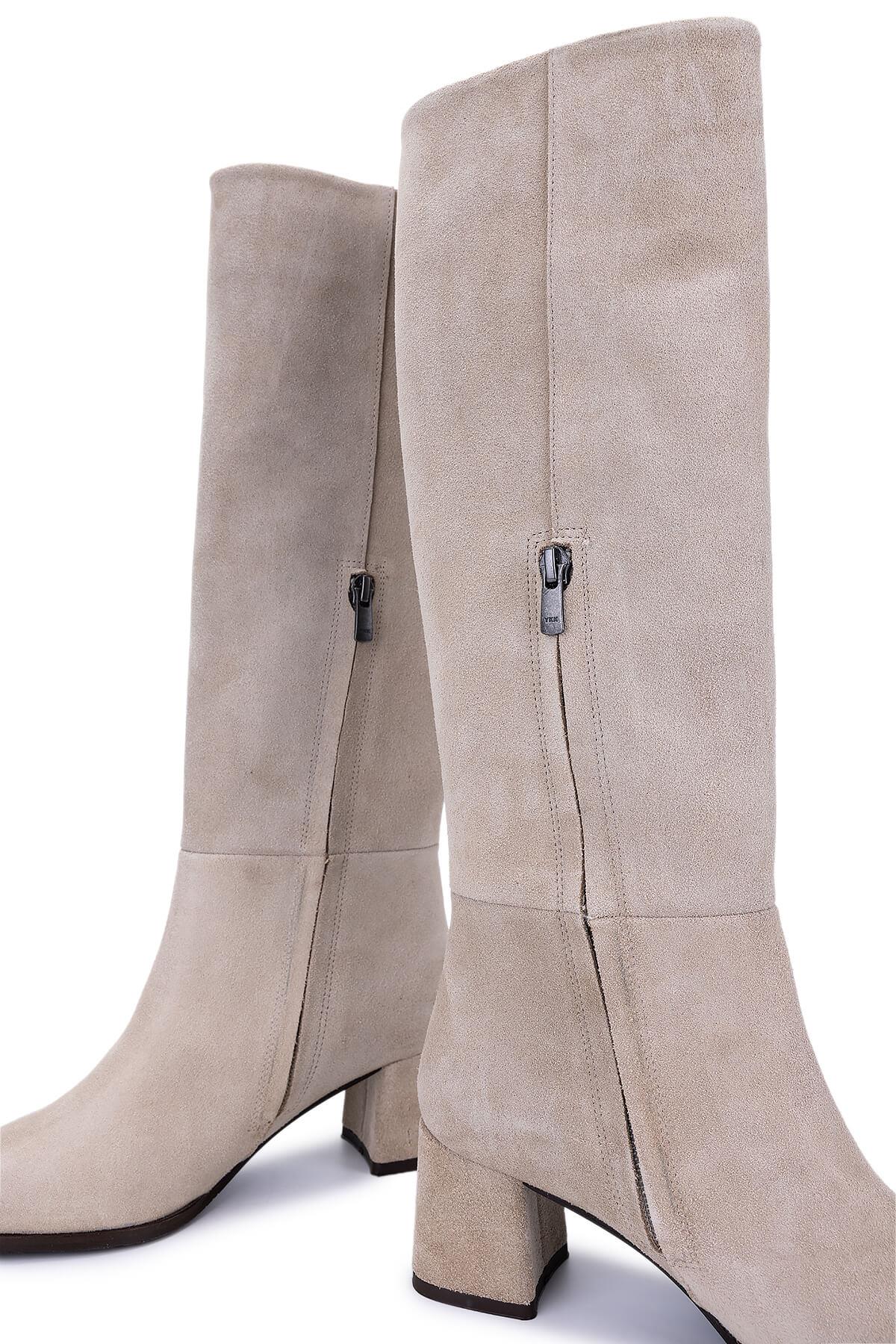 Tamer Tanca Kadın Hakiki Deri Bej Topuklu Çizme