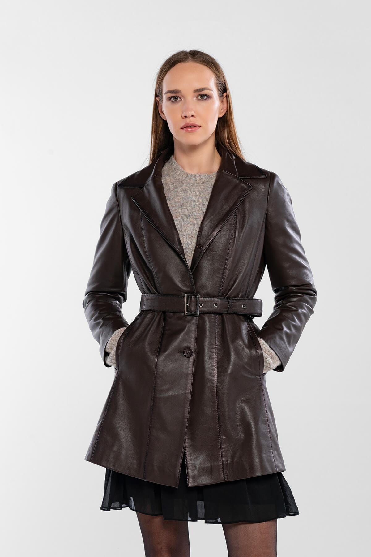 Tamer Tanca Kadın Hakiki Deri Kahverengi Deri Mont