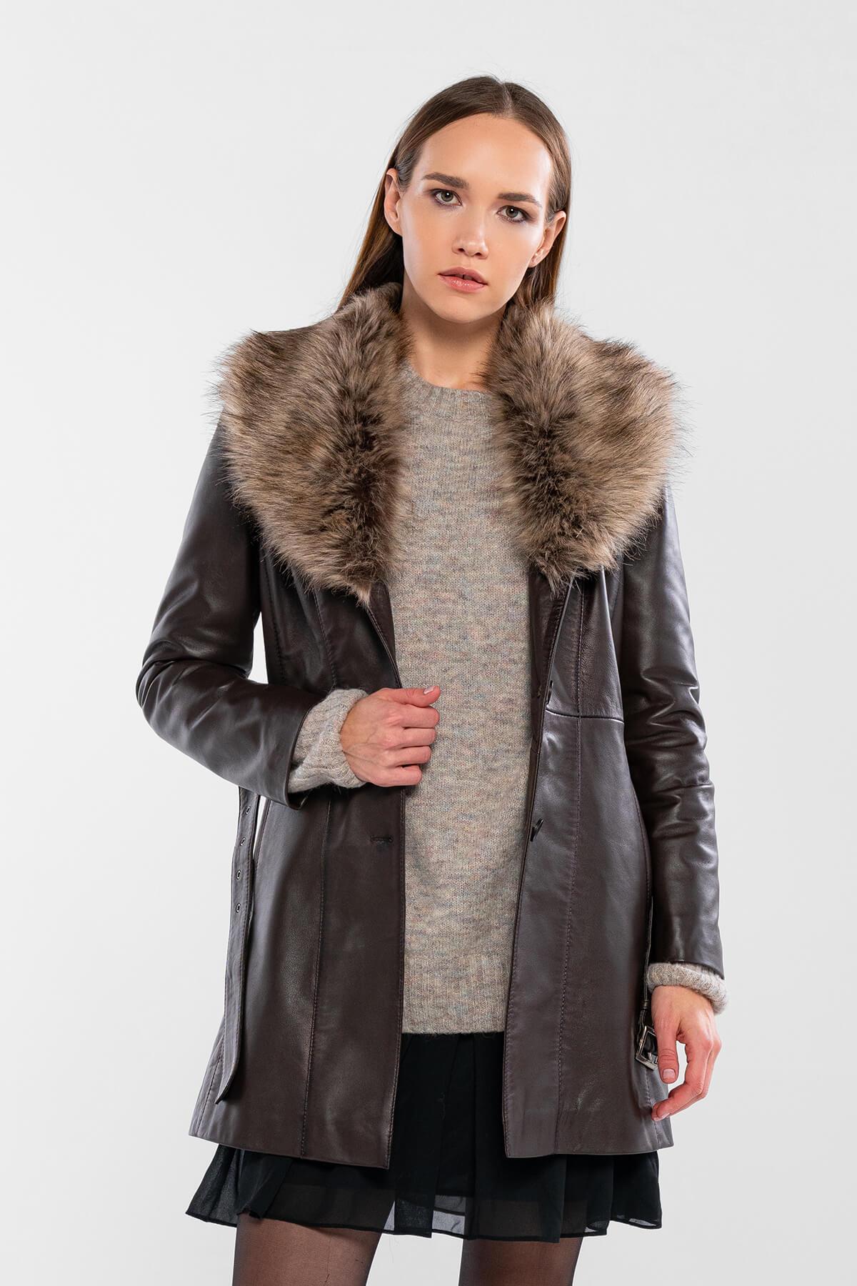 Tamer Tanca Kadın Hakiki Deri Kahverengi Deri Mont