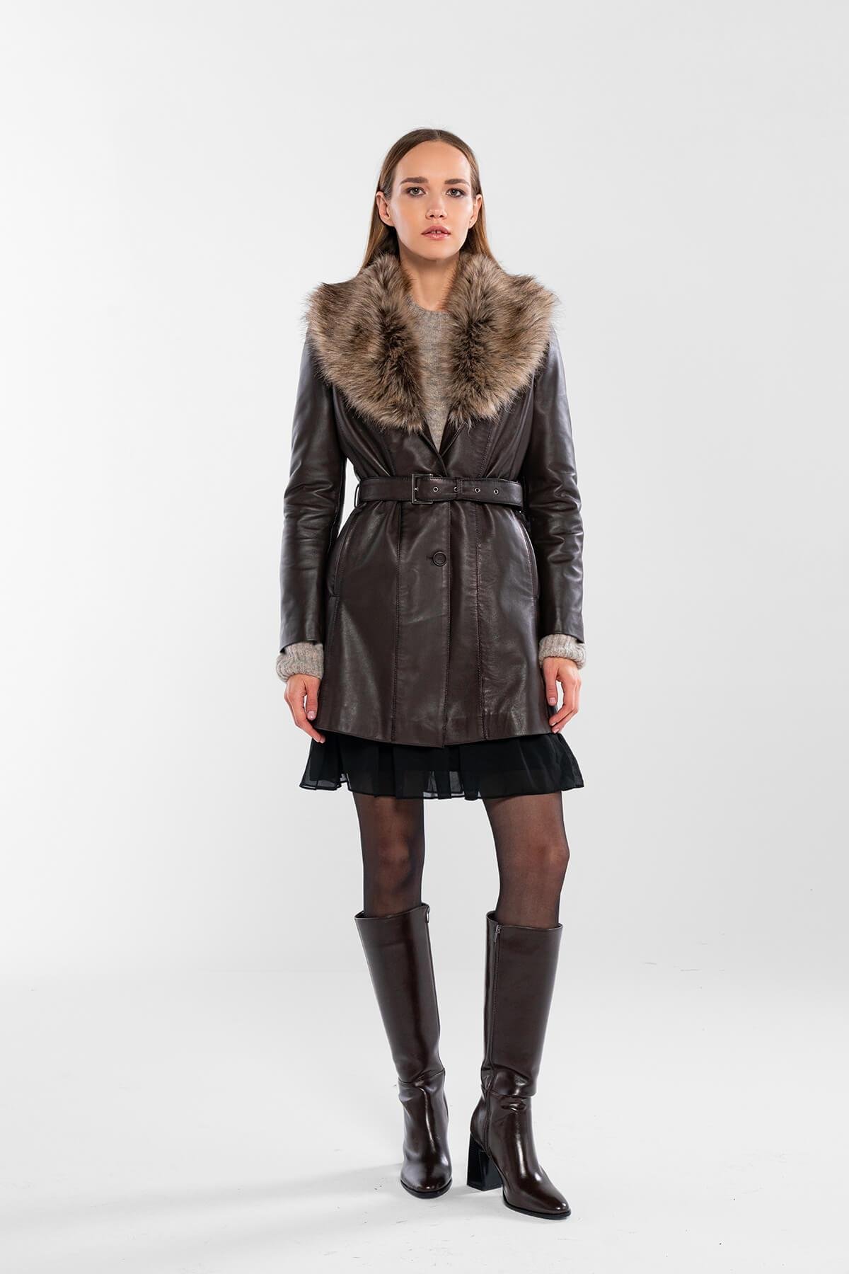 Tamer Tanca Kadın Hakiki Deri Kahverengi Deri Mont