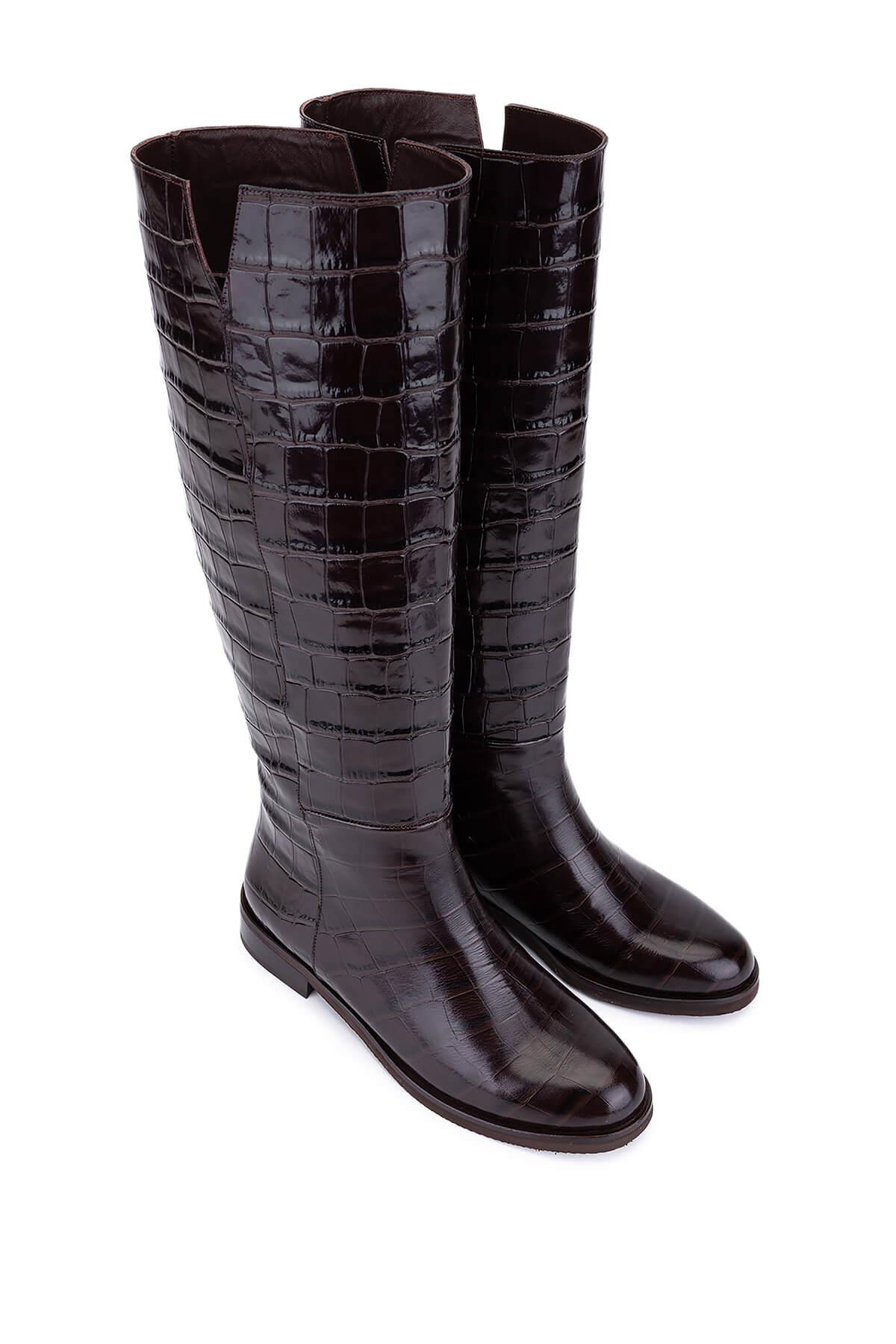Tamer Tanca Kadın Hakiki Deri Kahverengi Kroko Düz Çizme
