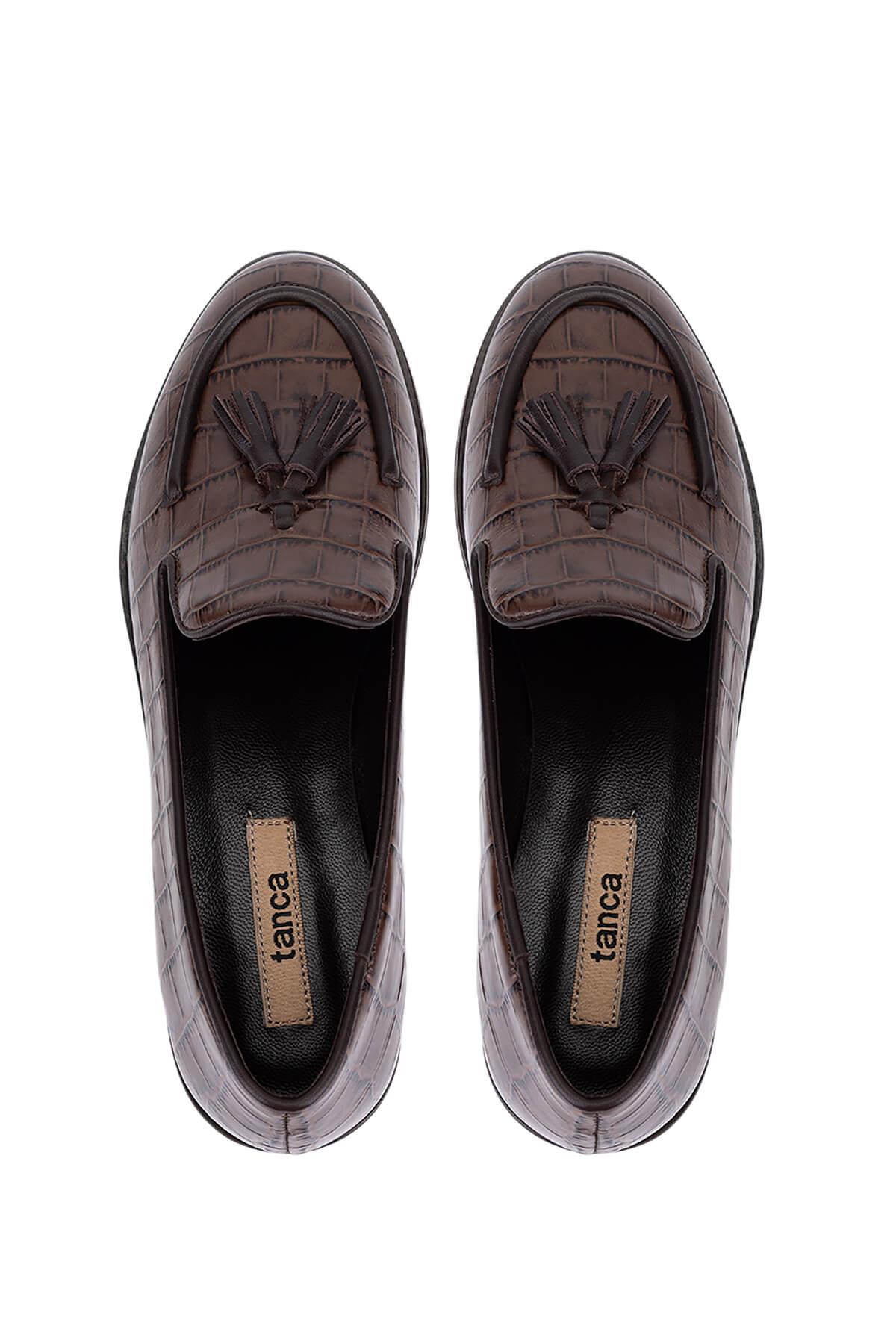 Tamer Tanca Kadın Hakiki Deri Kahverengi Kroko Loafer Ayakkabı