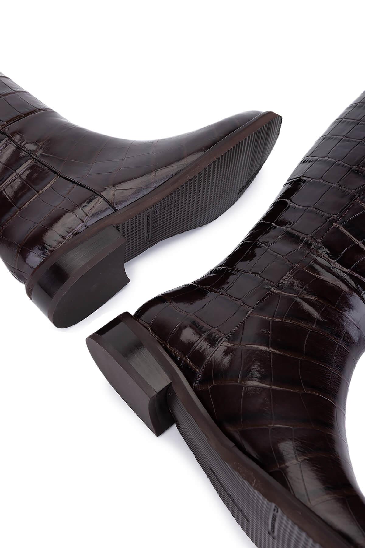 Tamer Tanca Kadın Hakiki Deri Kahverengi Kroko Düz Çizme