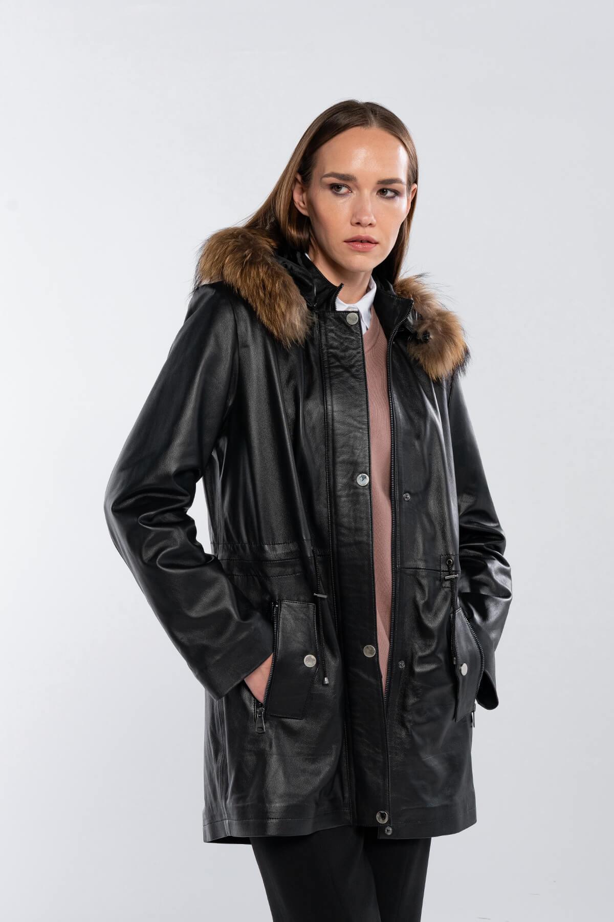 Tamer Tanca Kadın Hakiki Deri Siyah Deri Deri Mont