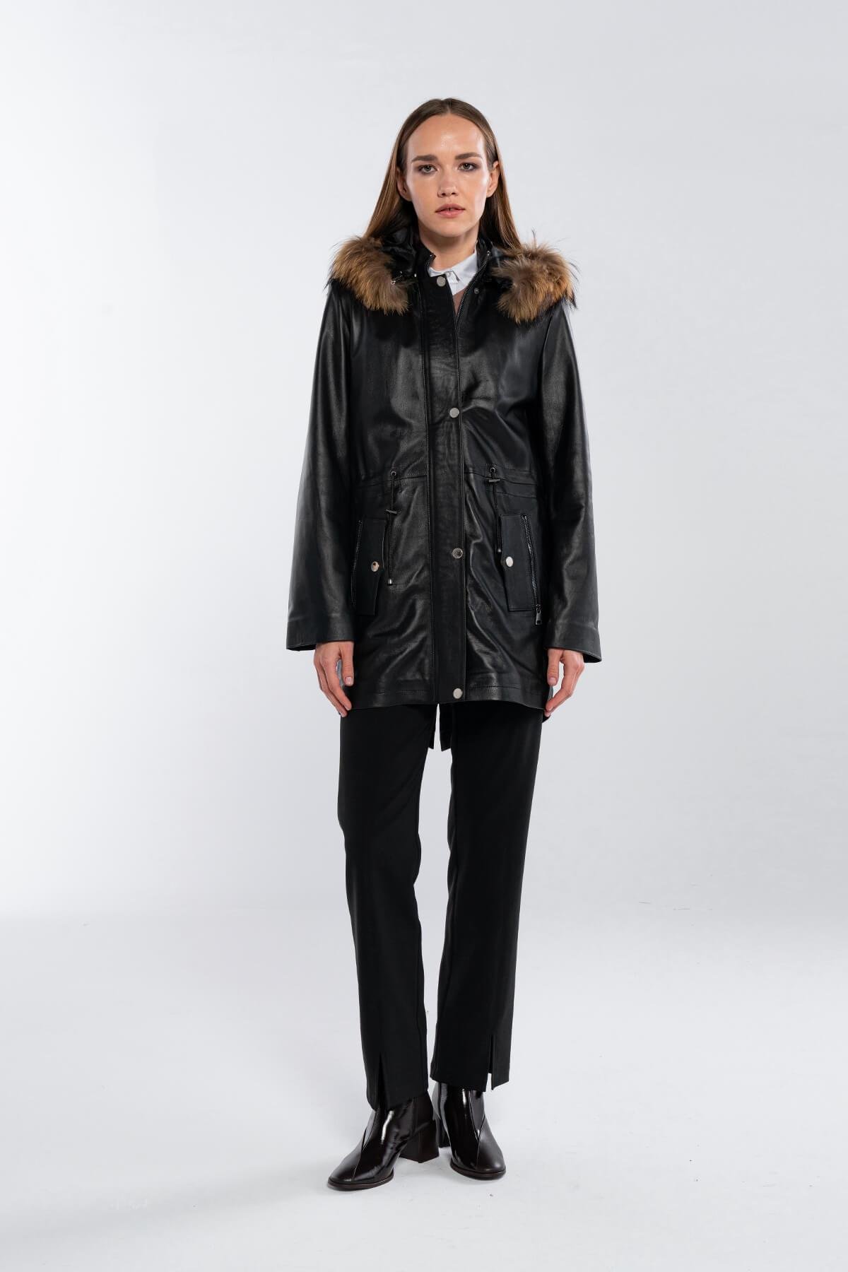 Tamer Tanca Kadın Hakiki Deri Siyah Deri Deri Mont