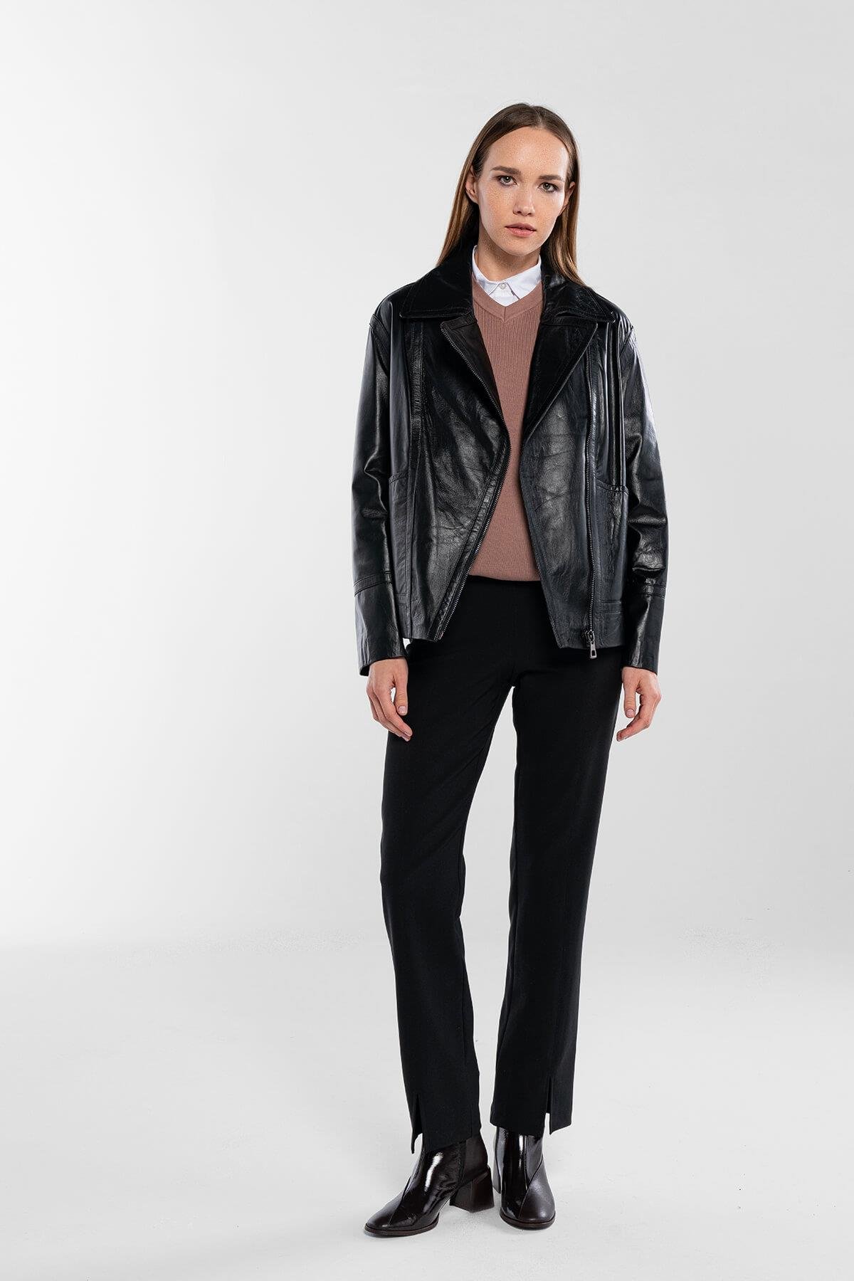 Tamer Tanca Kadın Hakiki Deri Siyah Deri Mont