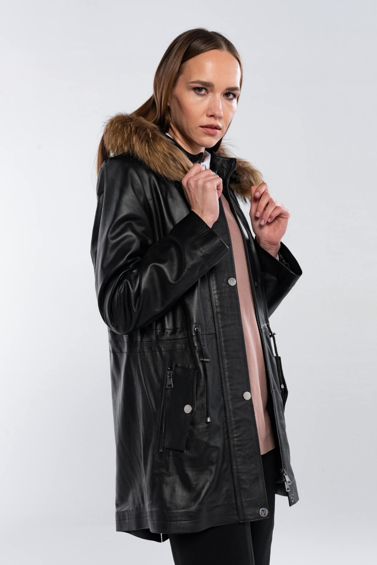 Tamer Tanca Kadın Hakiki Deri Siyah Deri Deri Mont