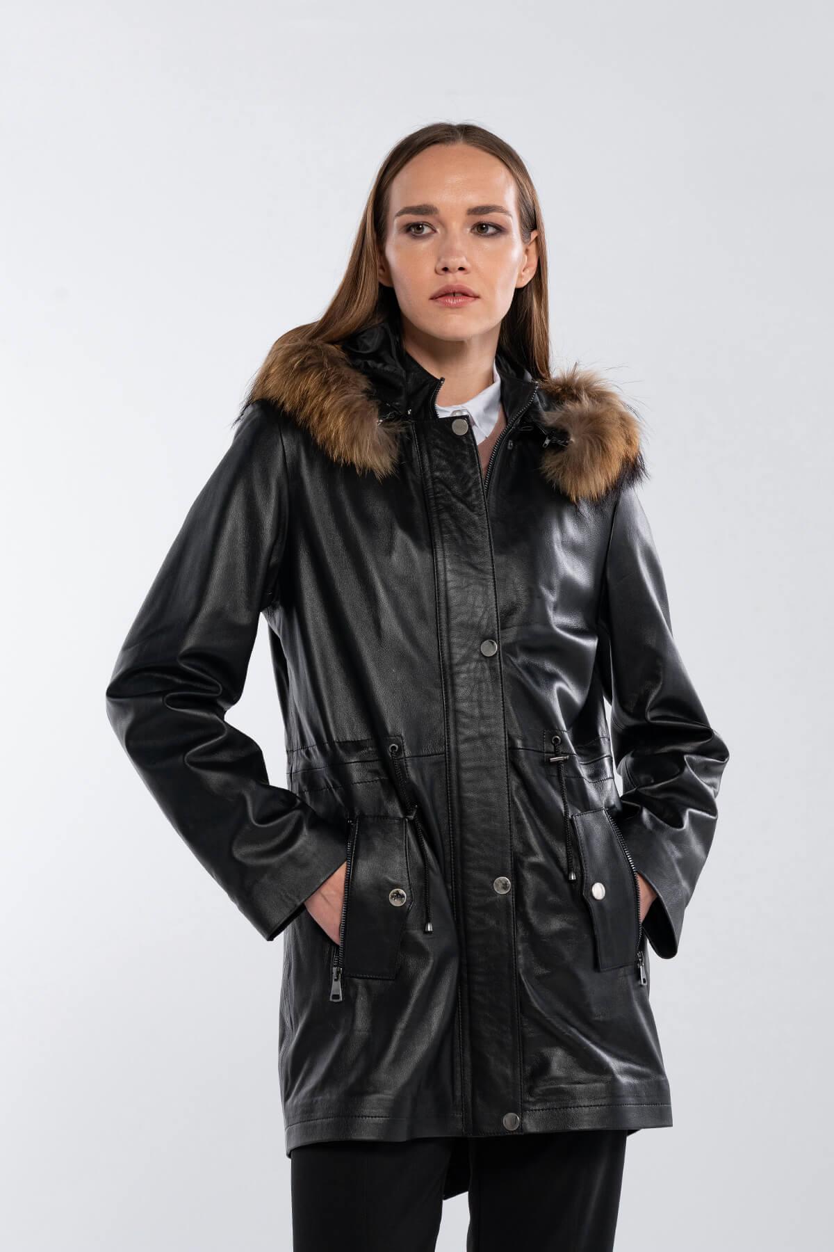 Tamer Tanca Kadın Hakiki Deri Siyah Deri Deri Mont