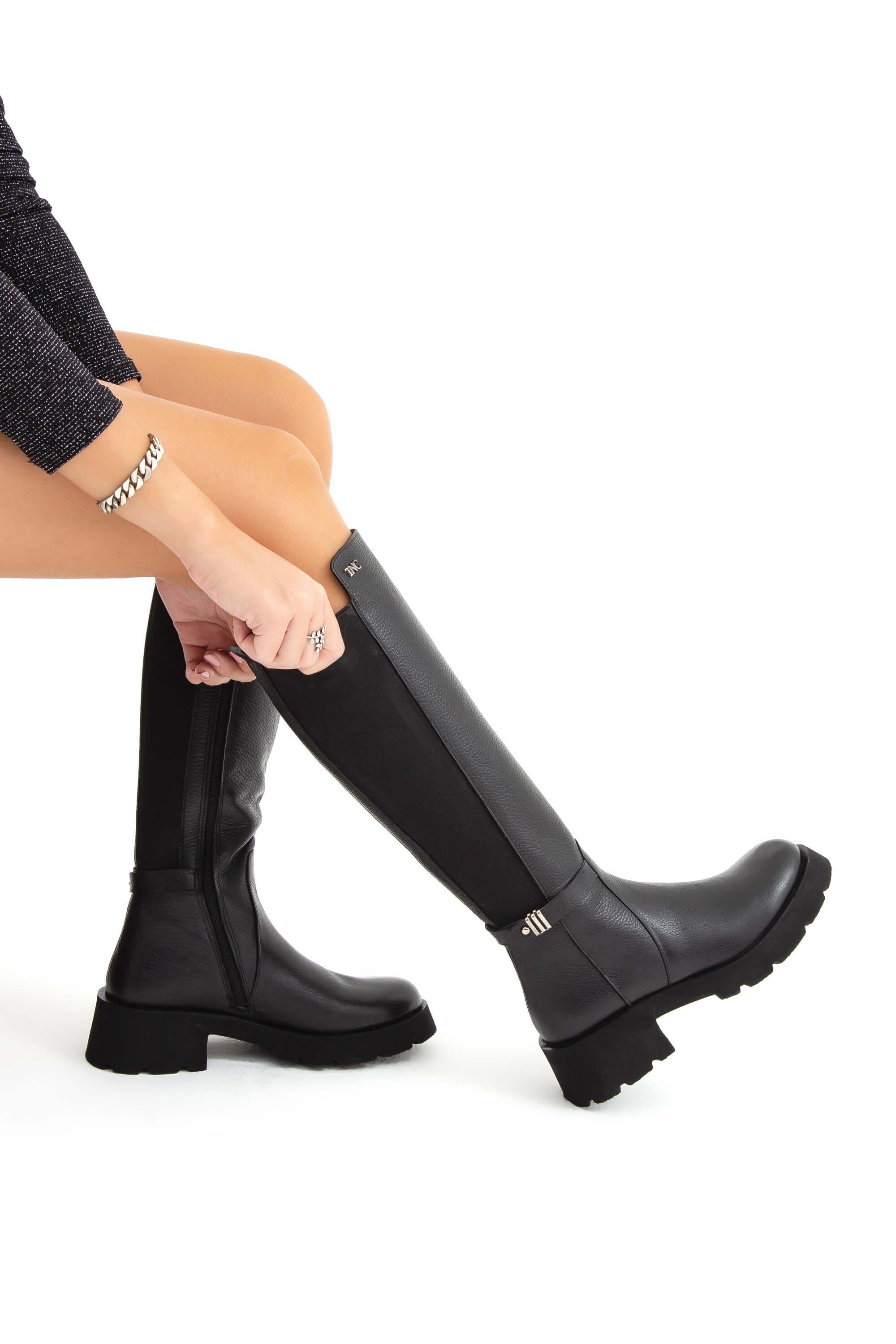 Tamer Tanca Kadın Hakiki Deri Siyah Floter Casual Çizme