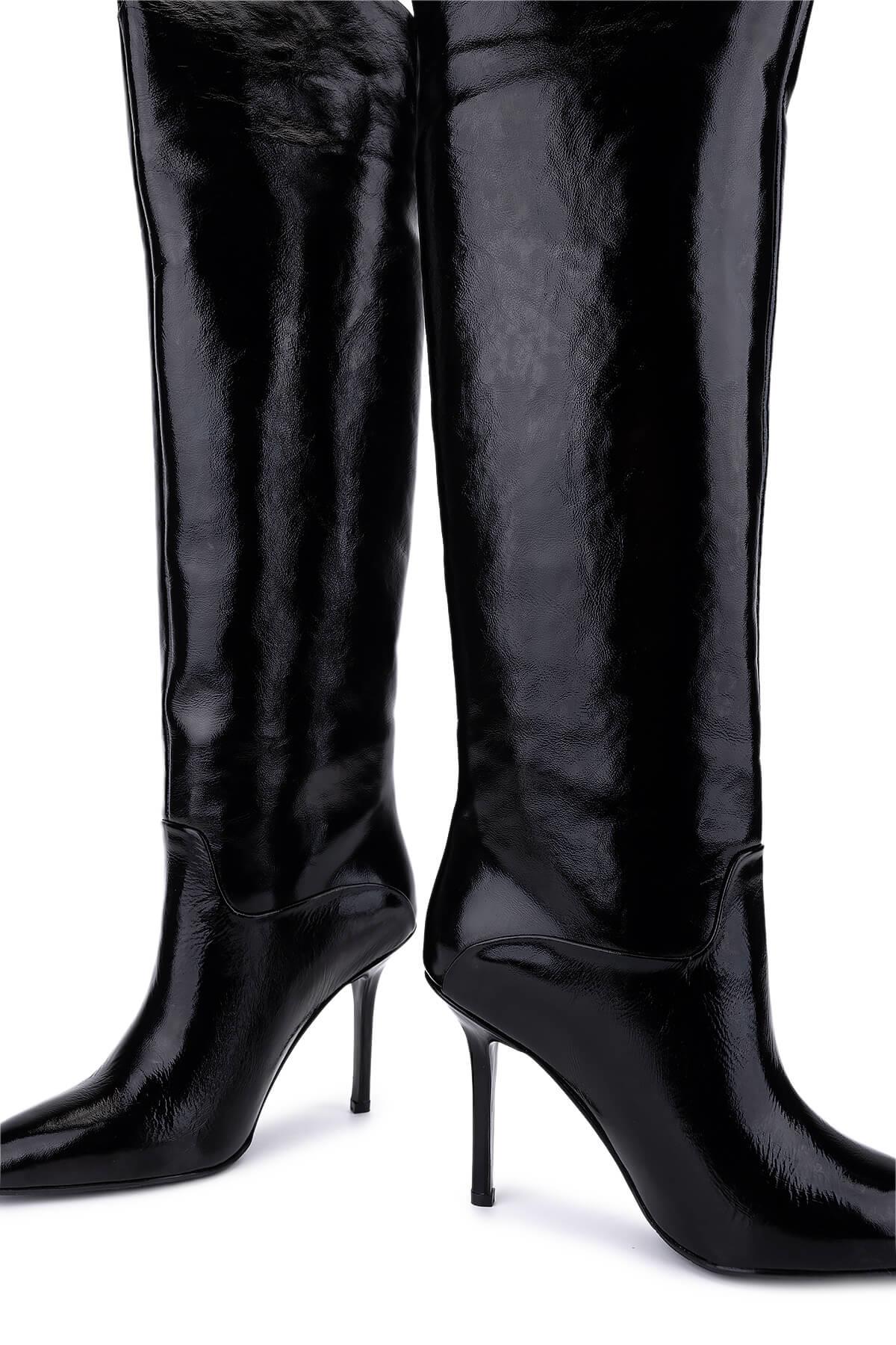 Tamer Tanca Kadın Hakiki Deri Siyah Kırışık Rugan Topuklu Çizme