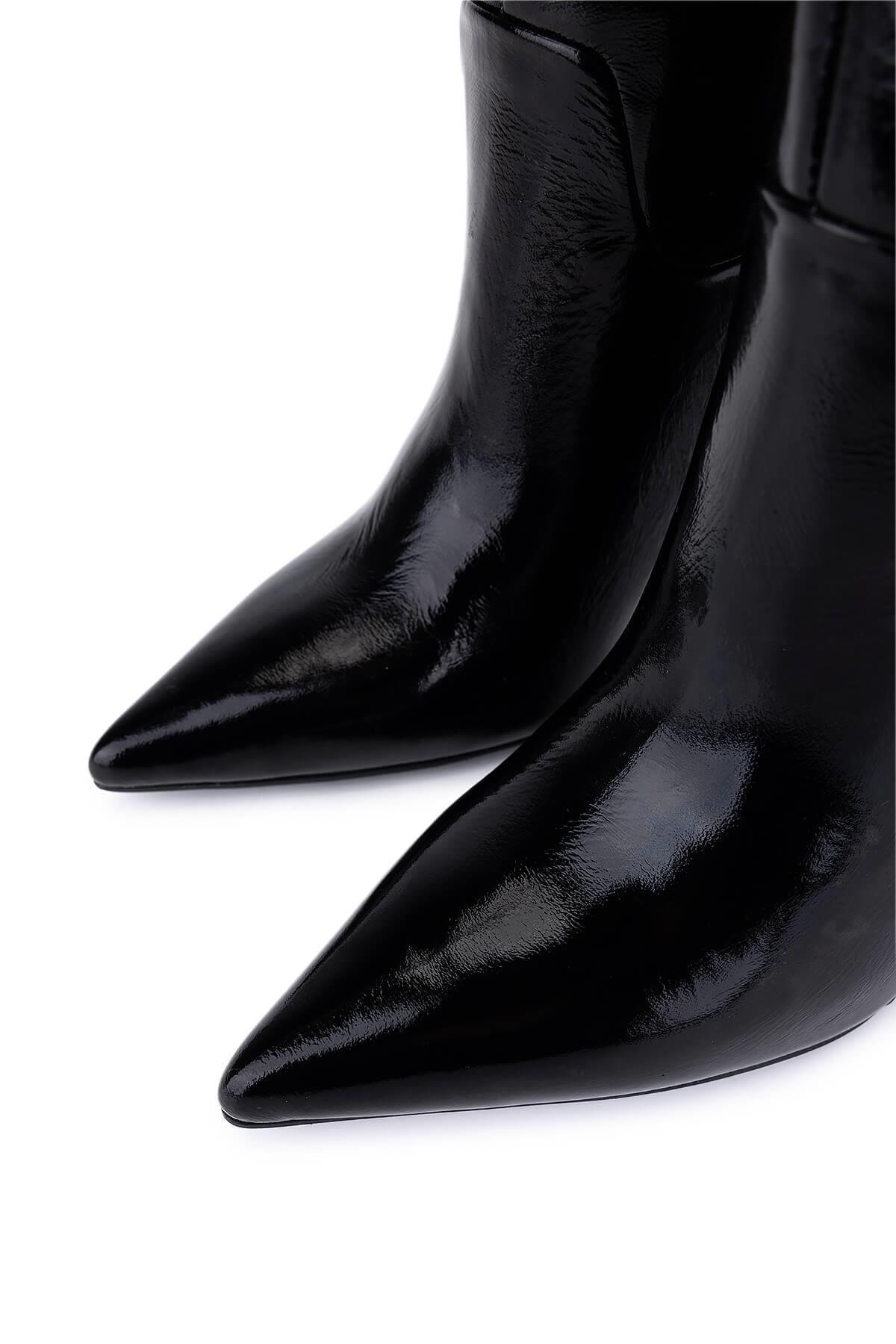 Tamer Tanca Kadın Hakiki Deri Siyah Kırışık Rugan Topuklu Çizme