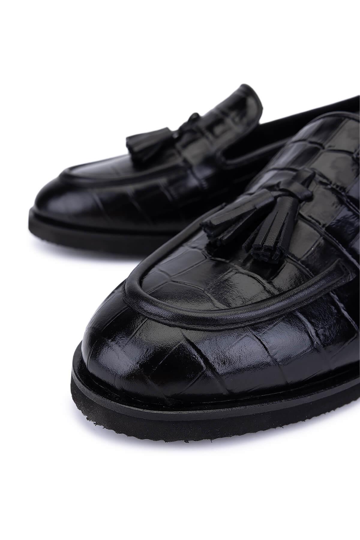 Tamer Tanca Kadın Hakiki Deri Siyah Kroko Loafer Ayakkabı