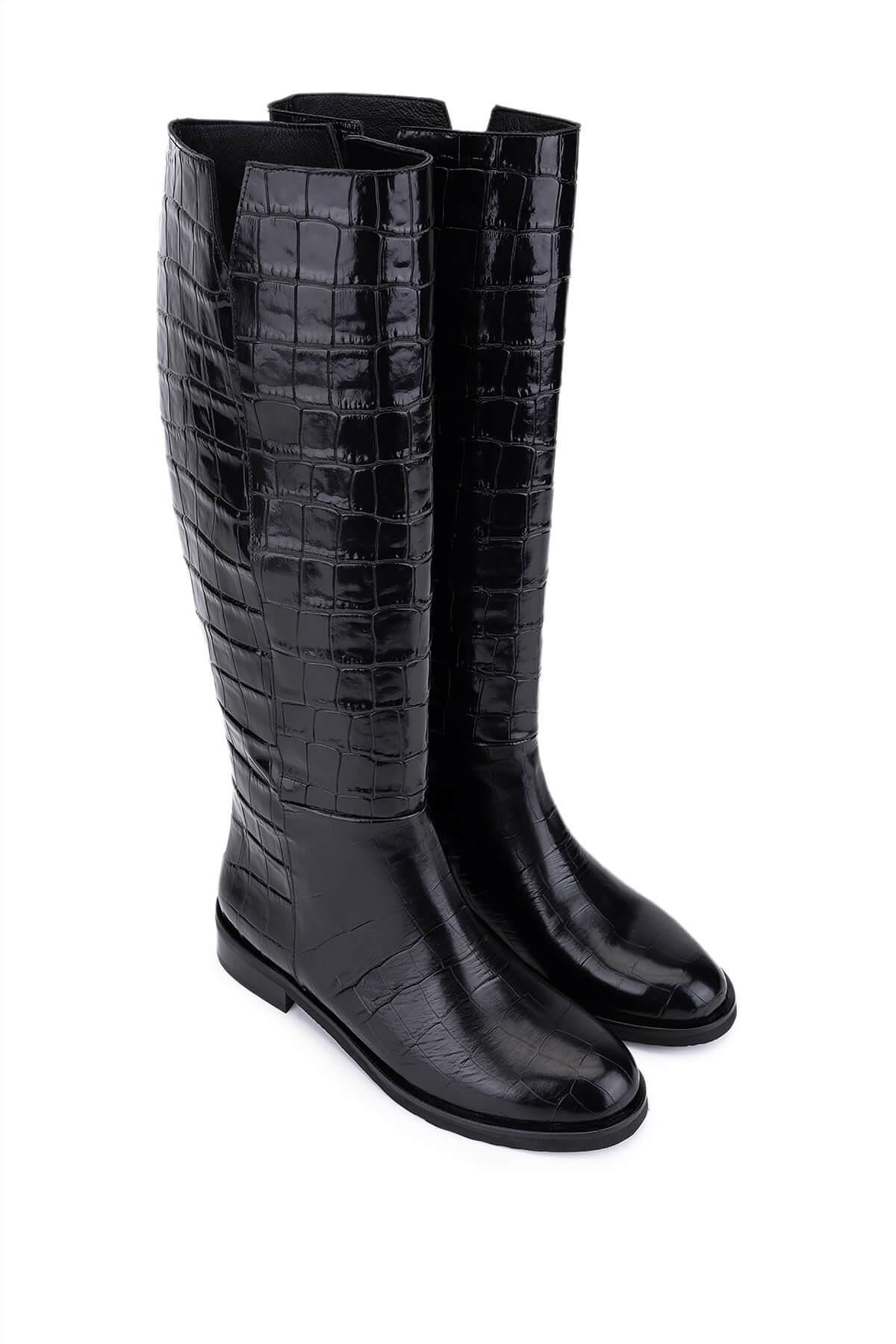 Tamer Tanca Kadın Hakiki Deri Siyah Kroko Düz Çizme