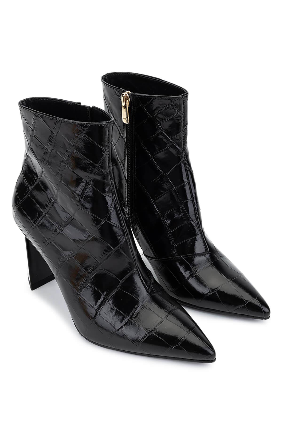 Tamer Tanca Kadın Hakiki Deri Siyah Kroko Topuklu Bot