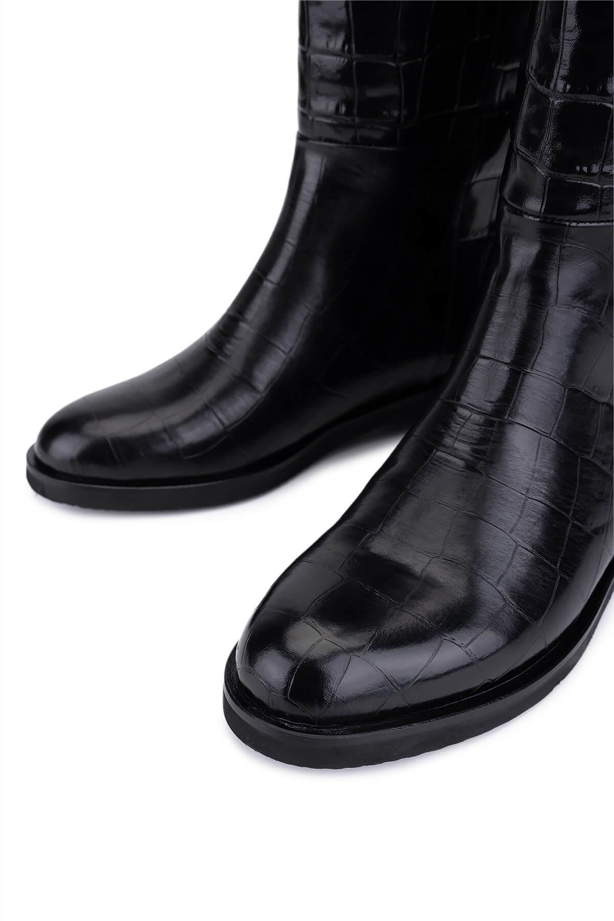 Tamer Tanca Kadın Hakiki Deri Siyah Kroko Düz Çizme