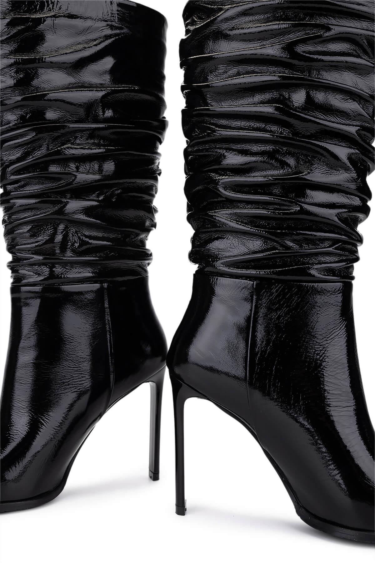 Tamer Tanca Kadın Hakiki Deri Siyah Rugan Topuklu Çizme