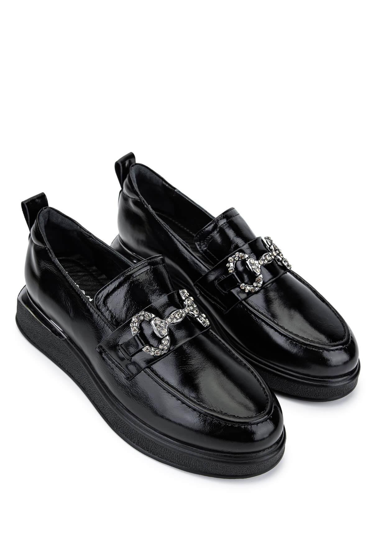 Tamer Tanca Kadın Hakiki Deri Siyah Rugan Loafer Ayakkabı