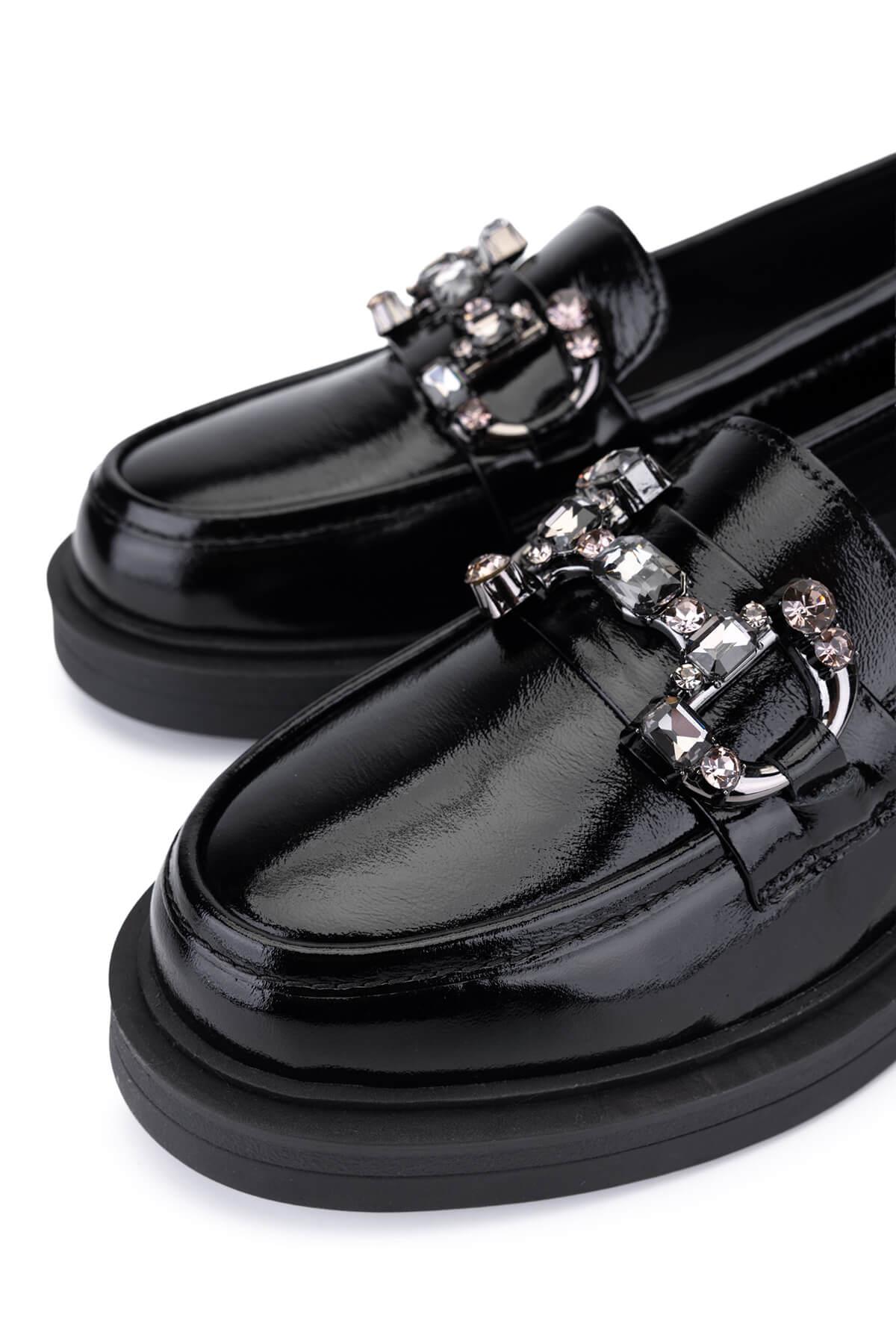 Tamer Tanca Kadın Hakiki Deri Siyah Rugan Loafer Ayakkabı