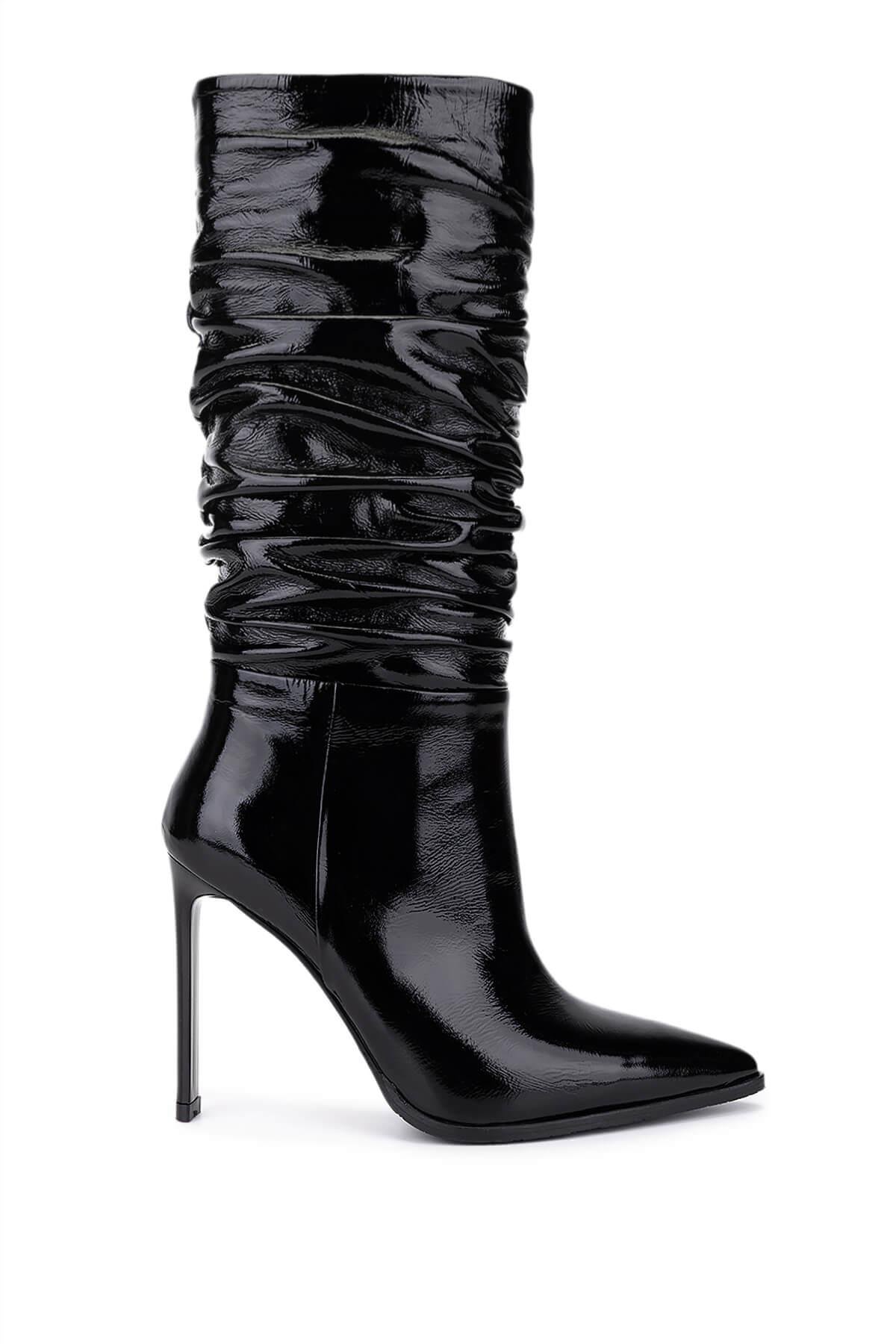 Tamer Tanca Kadın Hakiki Deri Siyah Rugan Topuklu Çizme