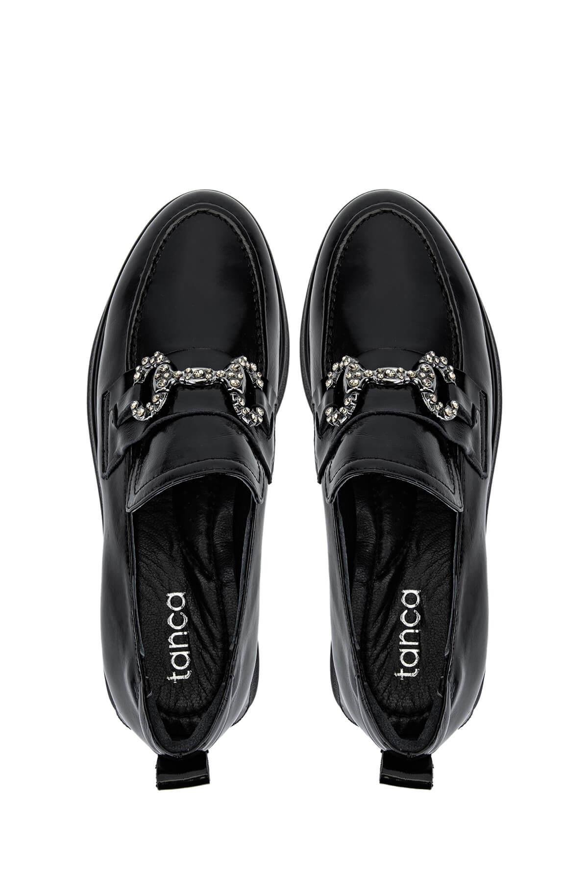 Tamer Tanca Kadın Hakiki Deri Siyah Rugan Loafer Ayakkabı