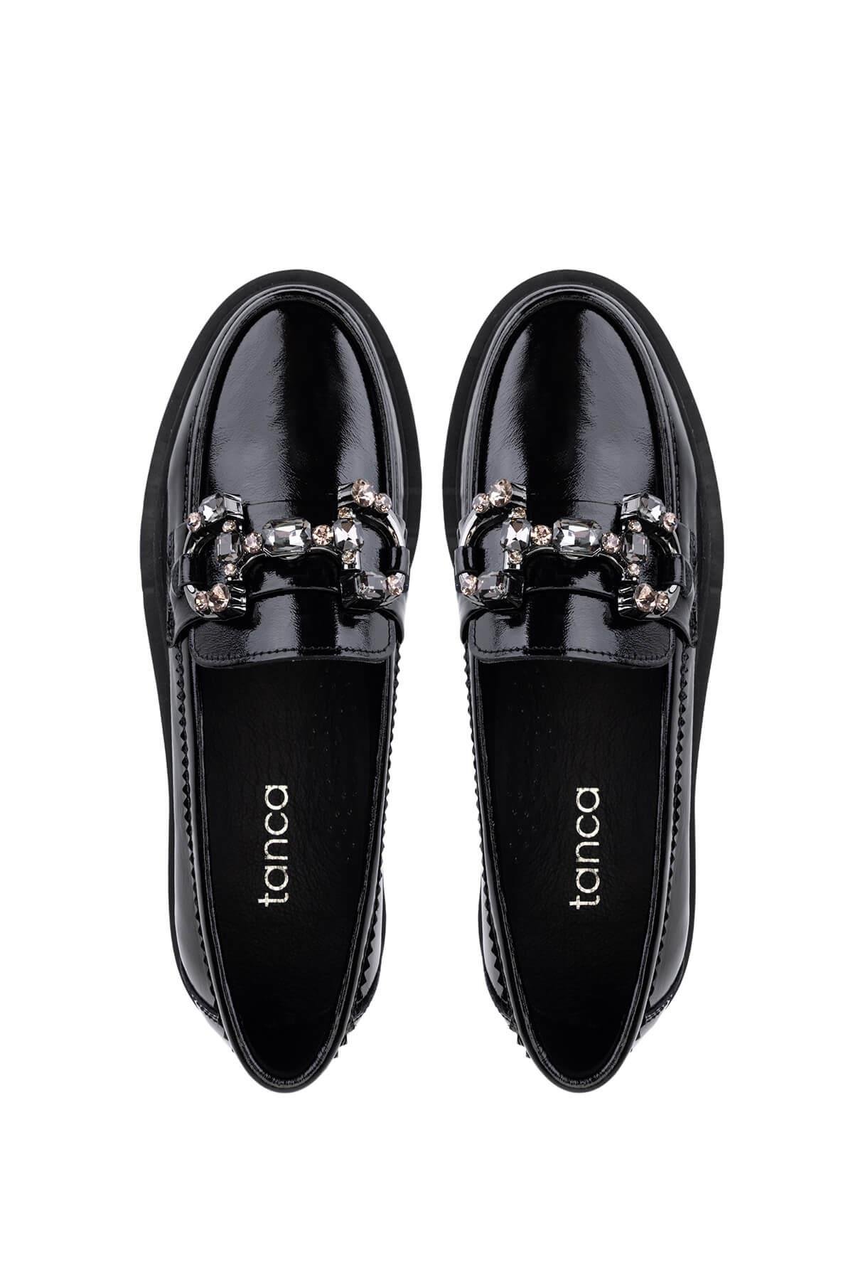 Tamer Tanca Kadın Hakiki Deri Siyah Rugan Loafer Ayakkabı