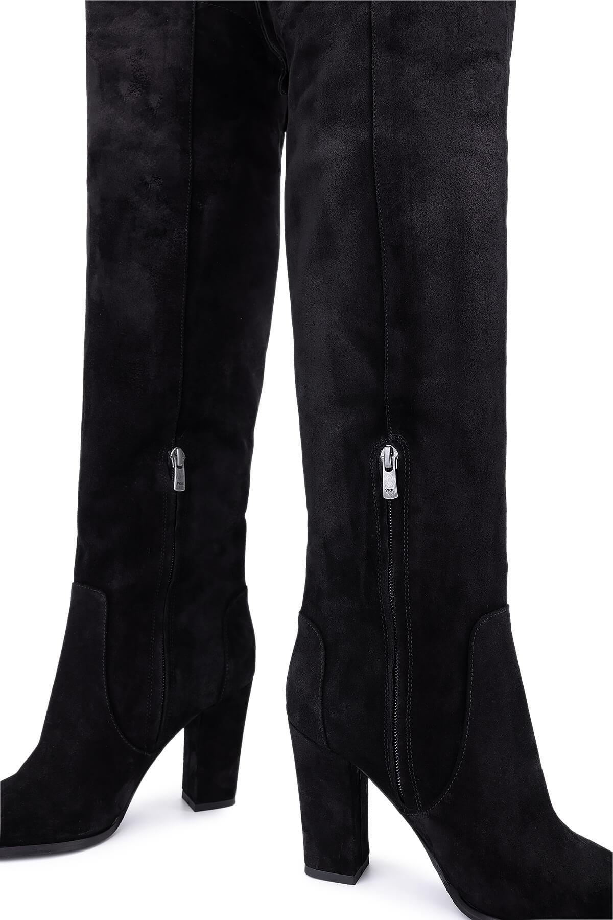 Tamer Tanca Kadın Hakiki Deri Siyah Süet Topuklu Çizme