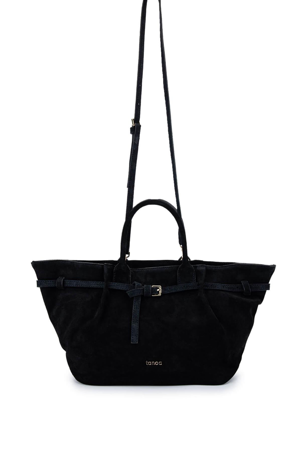 Tamer Tanca Kadın Hakiki Deri Siyah Süet Kol Çantası