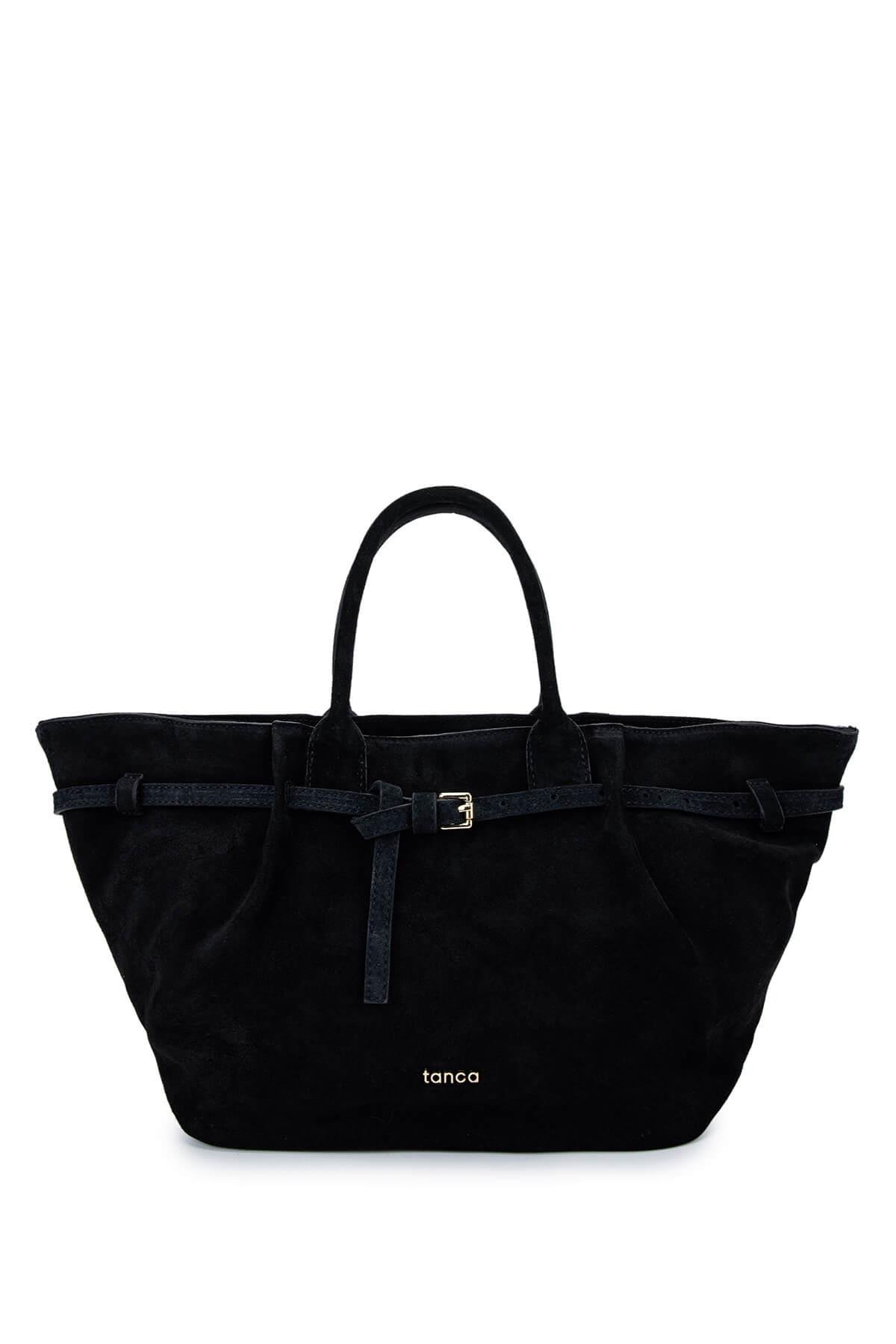 Tamer Tanca Kadın Hakiki Deri Siyah Süet Kol Çantası