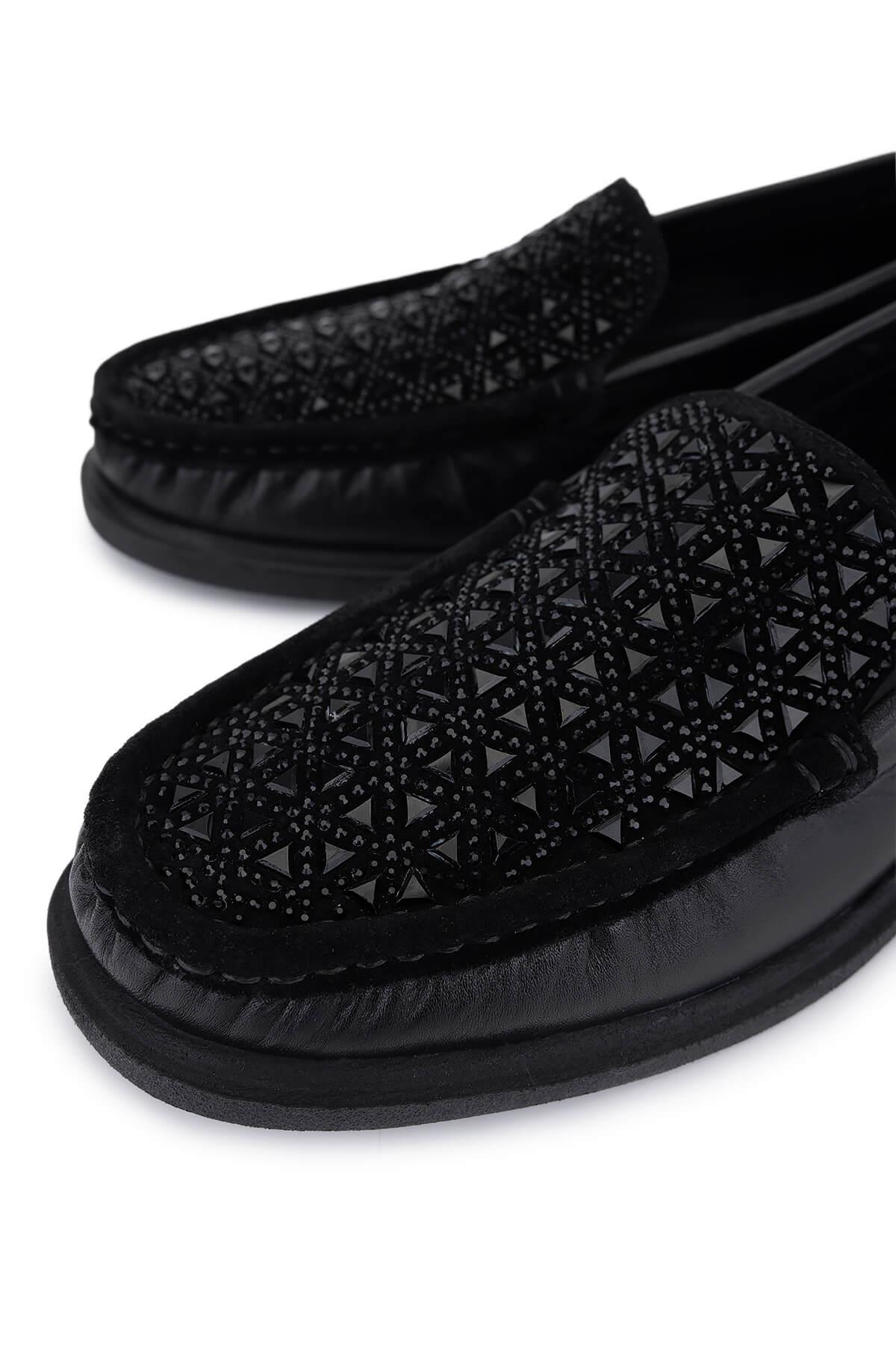 Tamer Tanca Kadın Hakiki Deri Siyah/Siyah Taş Loafer Ayakkabı