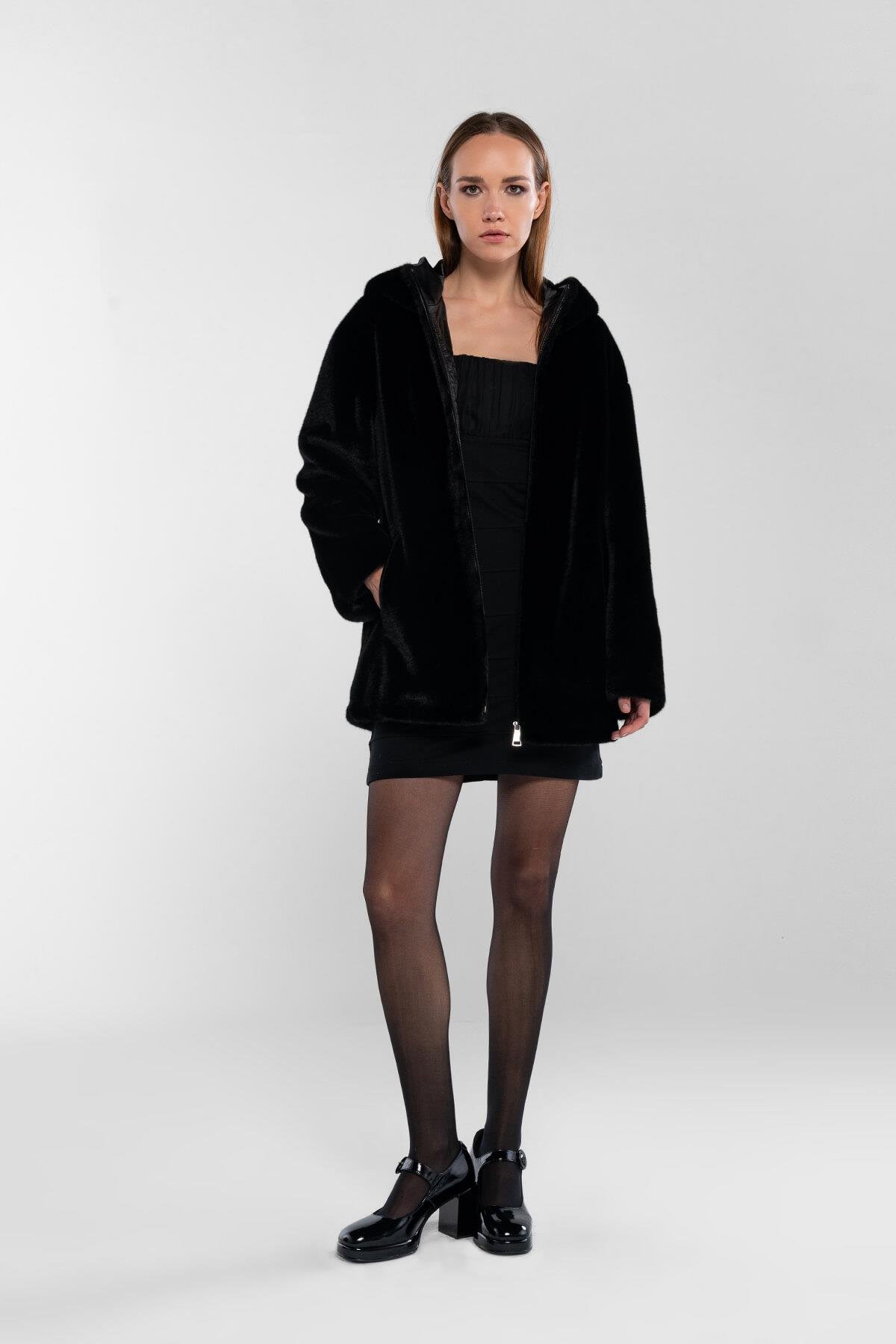 Tamer Tanca Kadın Peluş Siyah Kumaş Mont Deri Mont