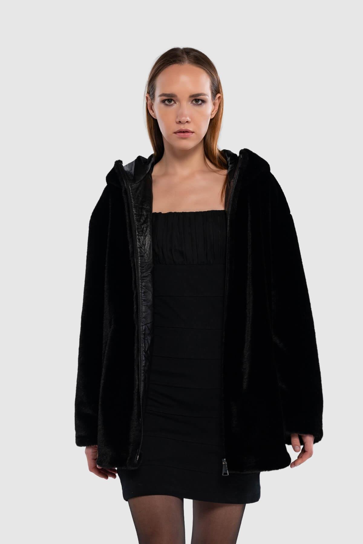 Tamer Tanca Kadın Peluş Siyah Kumaş Mont Deri Mont