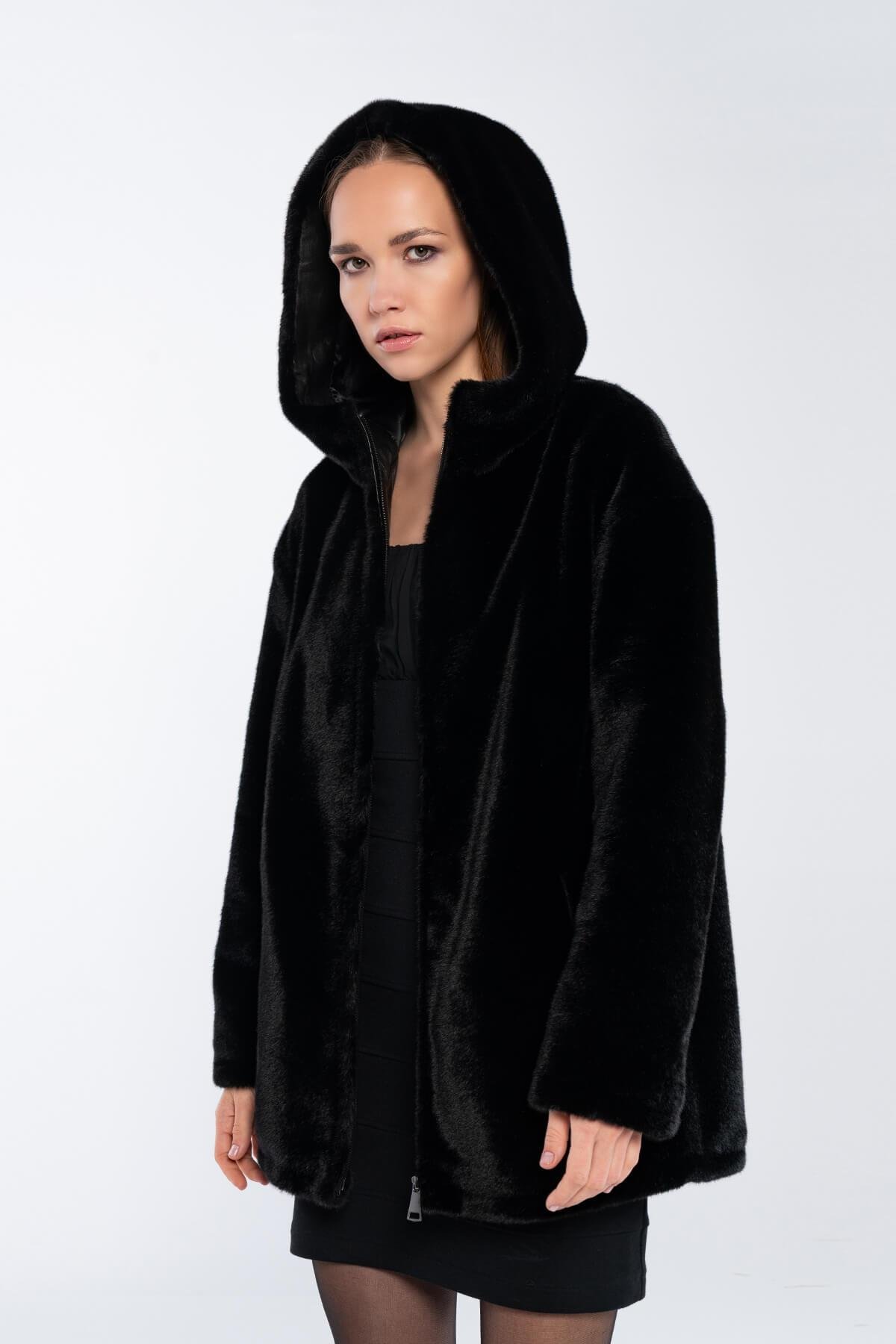 Tamer Tanca Kadın Peluş Siyah Kumaş Mont Deri Mont