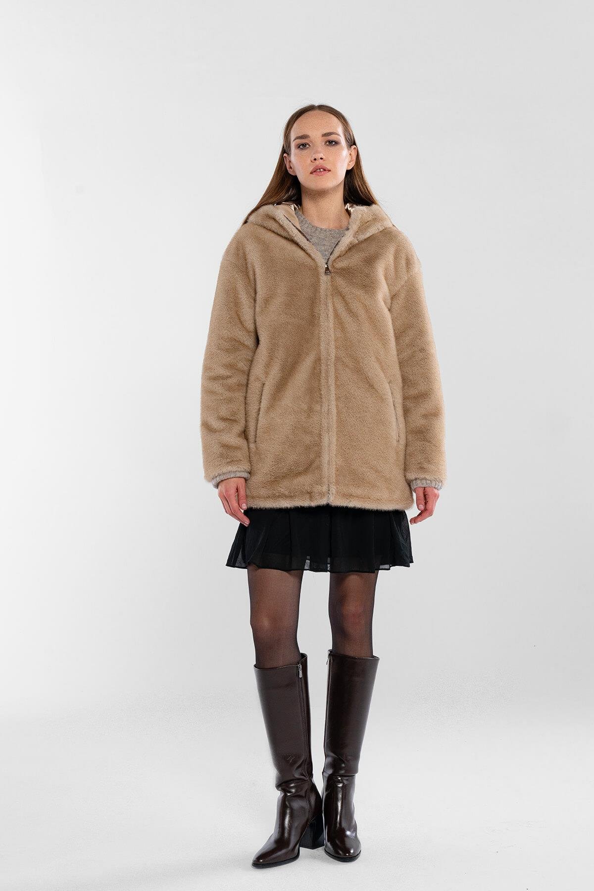 Tamer Tanca Kadın Peluş Vizon  Kumaş Mont Deri Mont