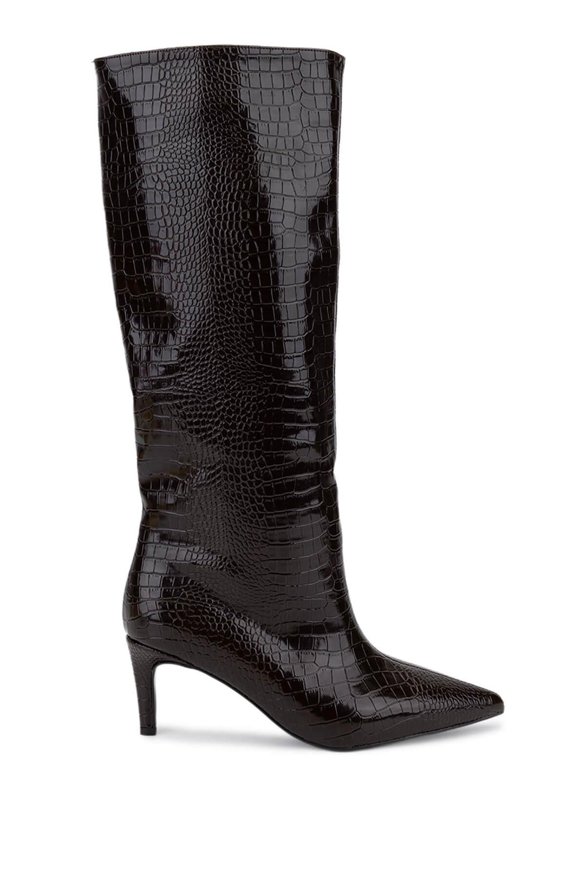 Tamer Tanca Kadın Suni Deri Kahverengi Kroko Topuklu Çizme