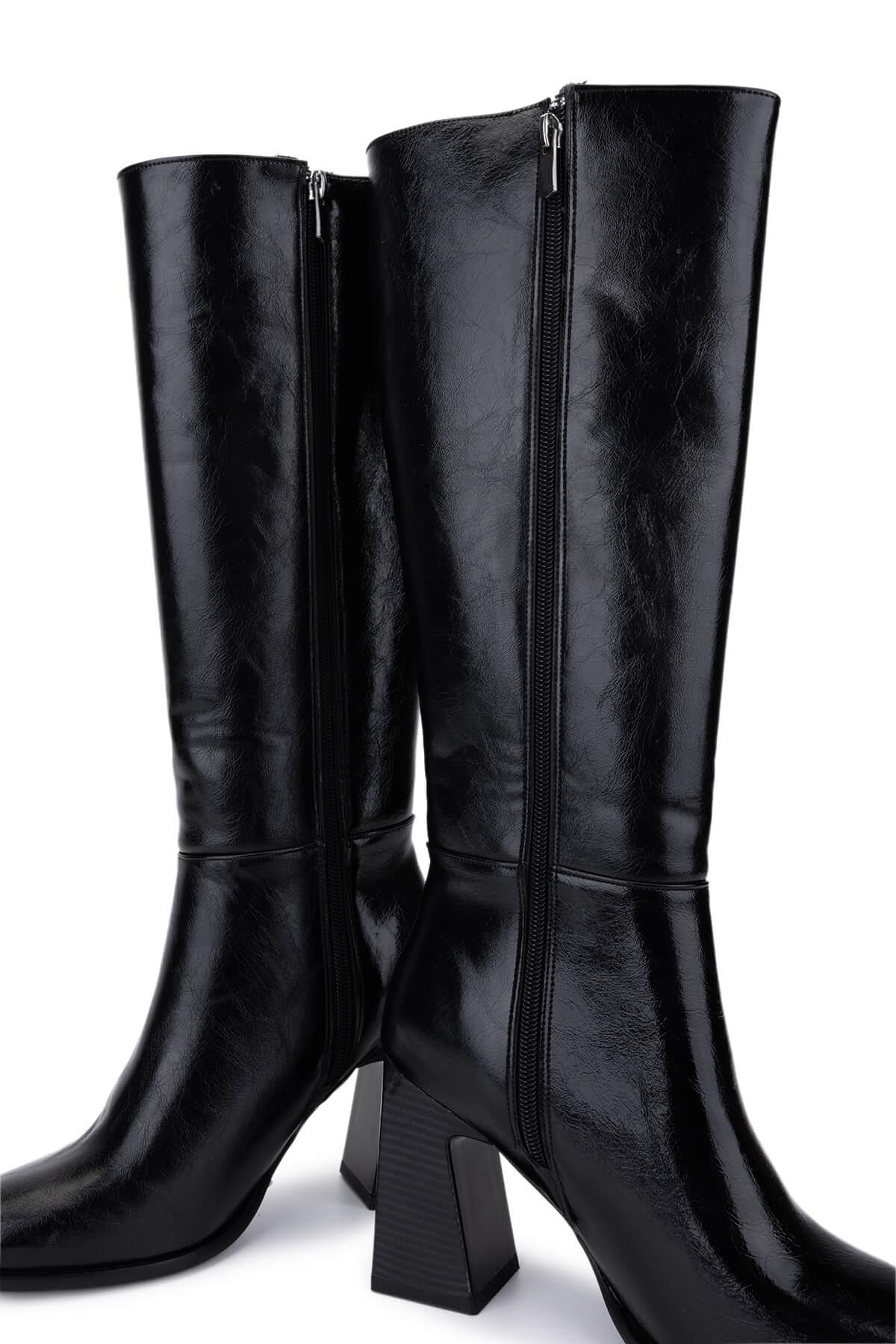 Tamer Tanca Kadın Suni Deri Siyah Deri Topuklu Çizme