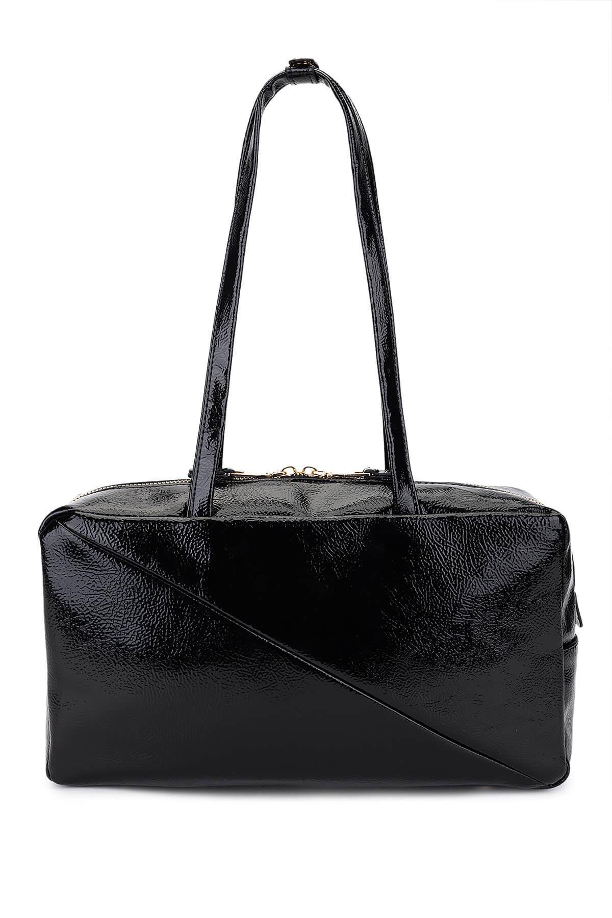 Tamer Tanca Kadın Suni Deri Siyah Kırışık Rugan Kol Çantası