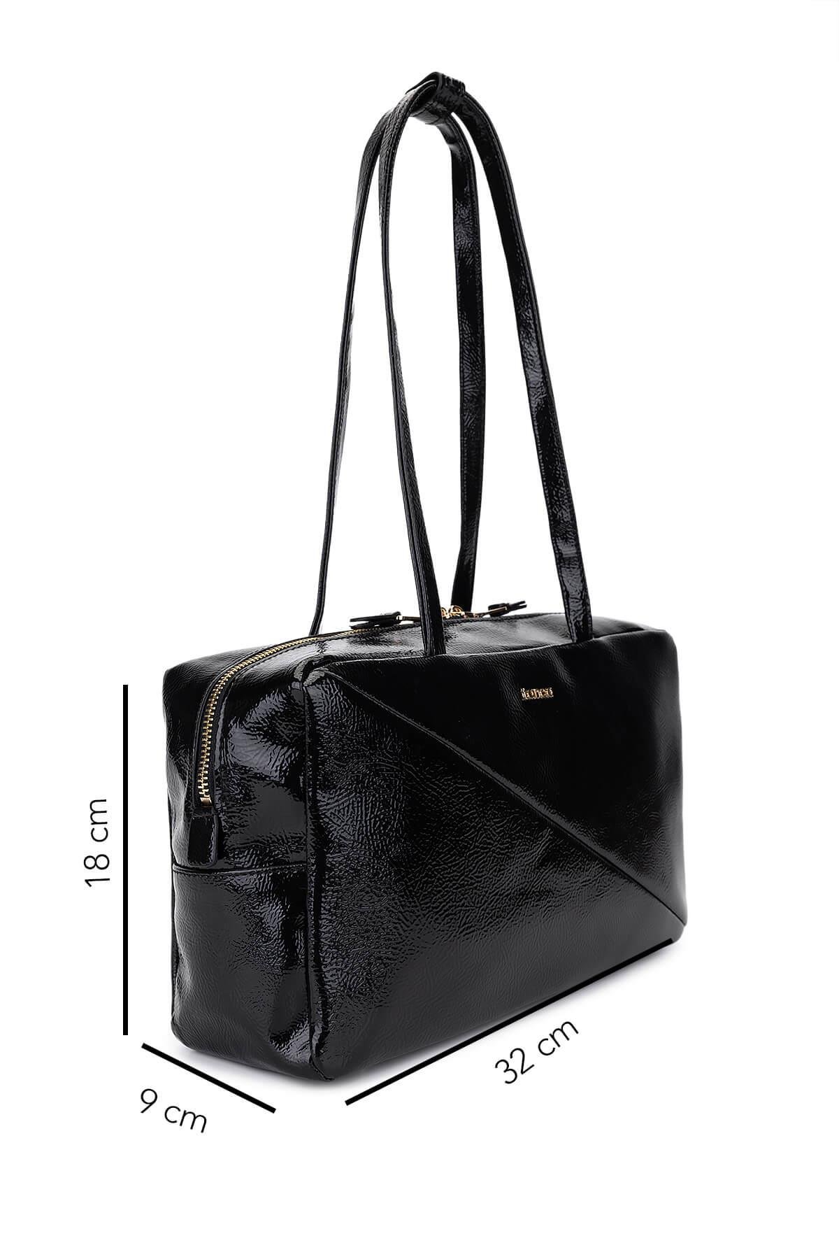 Tamer Tanca Kadın Suni Deri Siyah Kırışık Rugan Kol Çantası