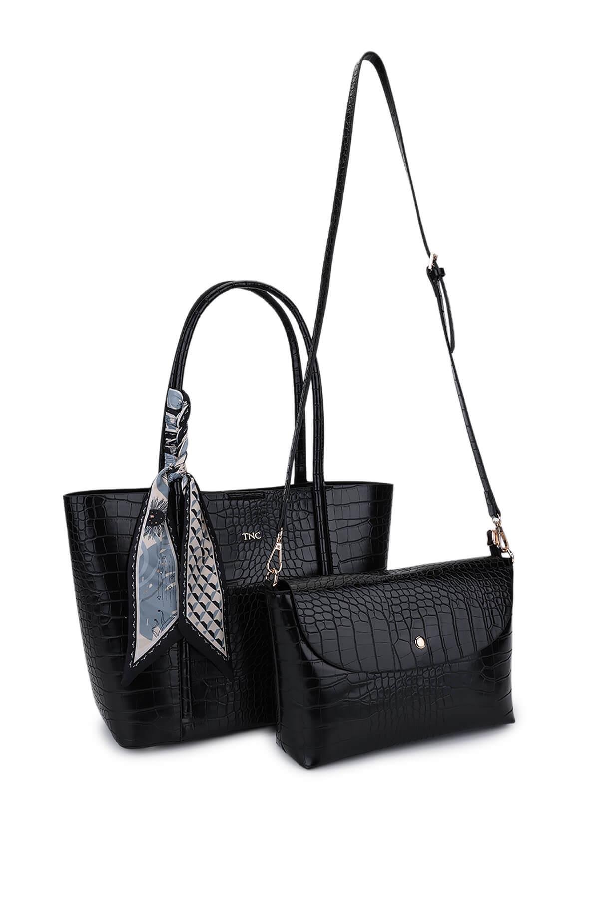 Tamer Tanca Kadın Suni Deri Siyah Kroko Omuz Çanta