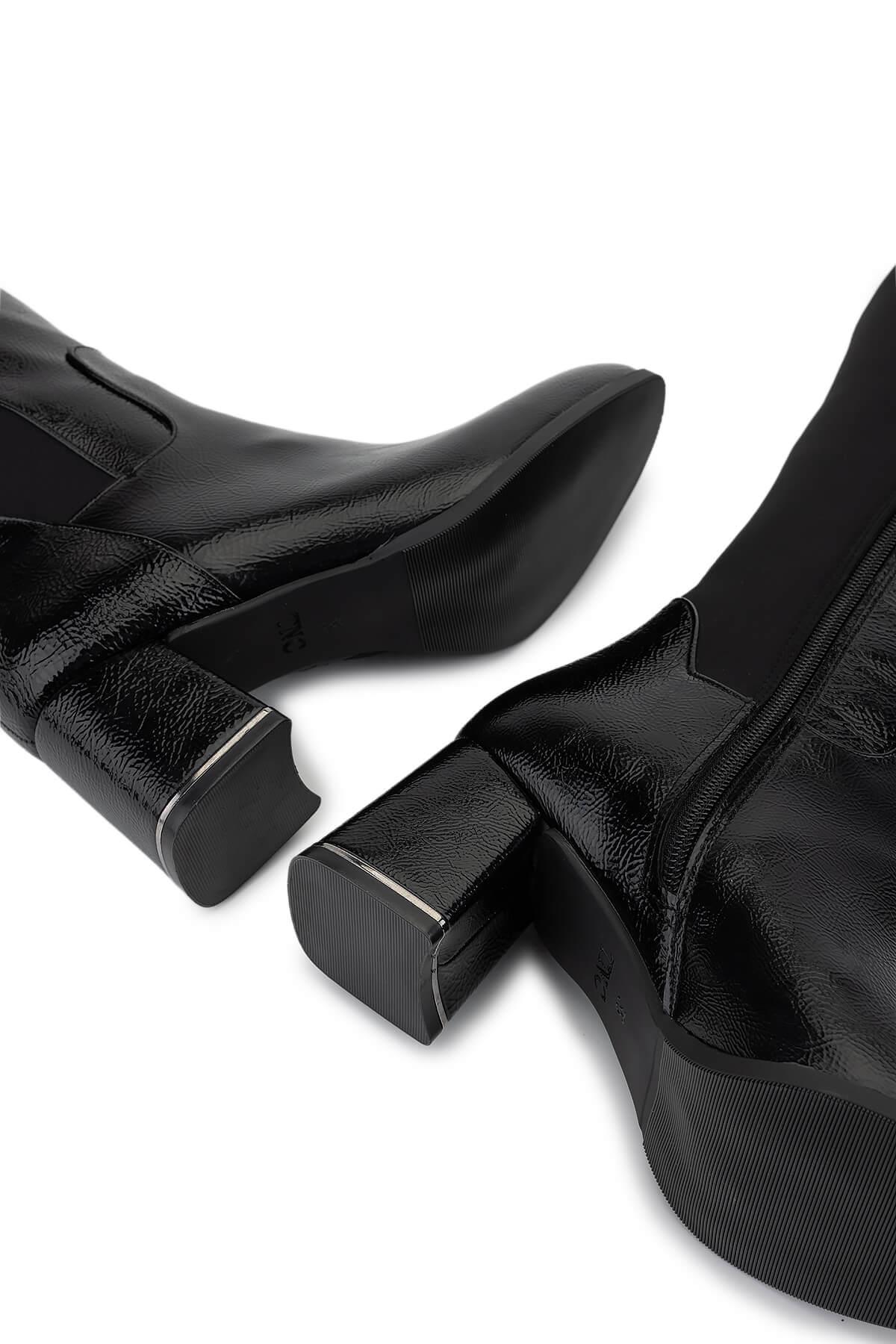 Tamer Tanca Kadın Suni Deri Siyah Rugan Topuklu Çizme