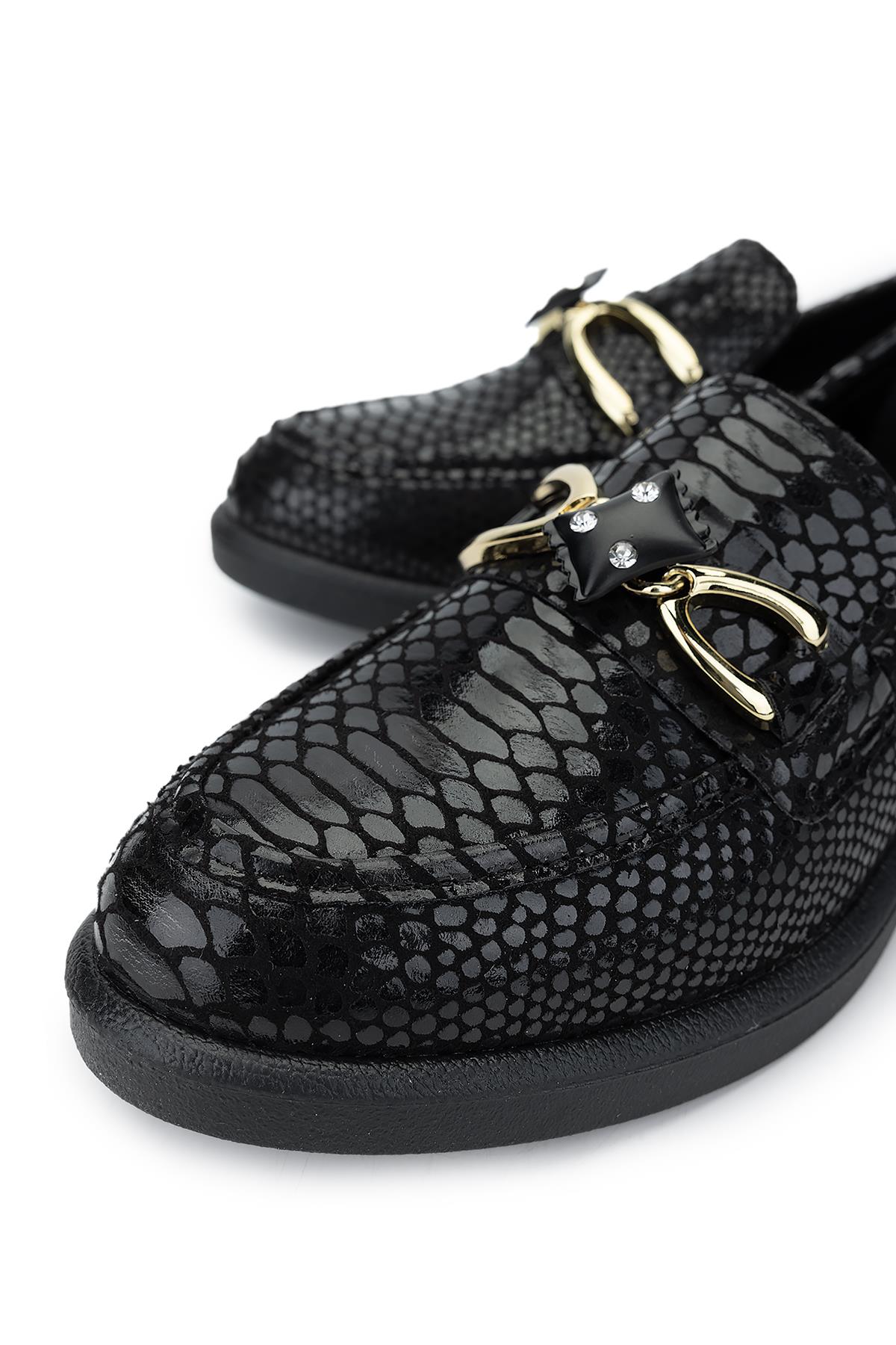 Tamer Tanca Kadın Vegan Siyah Kroko Loafer Ayakkabı