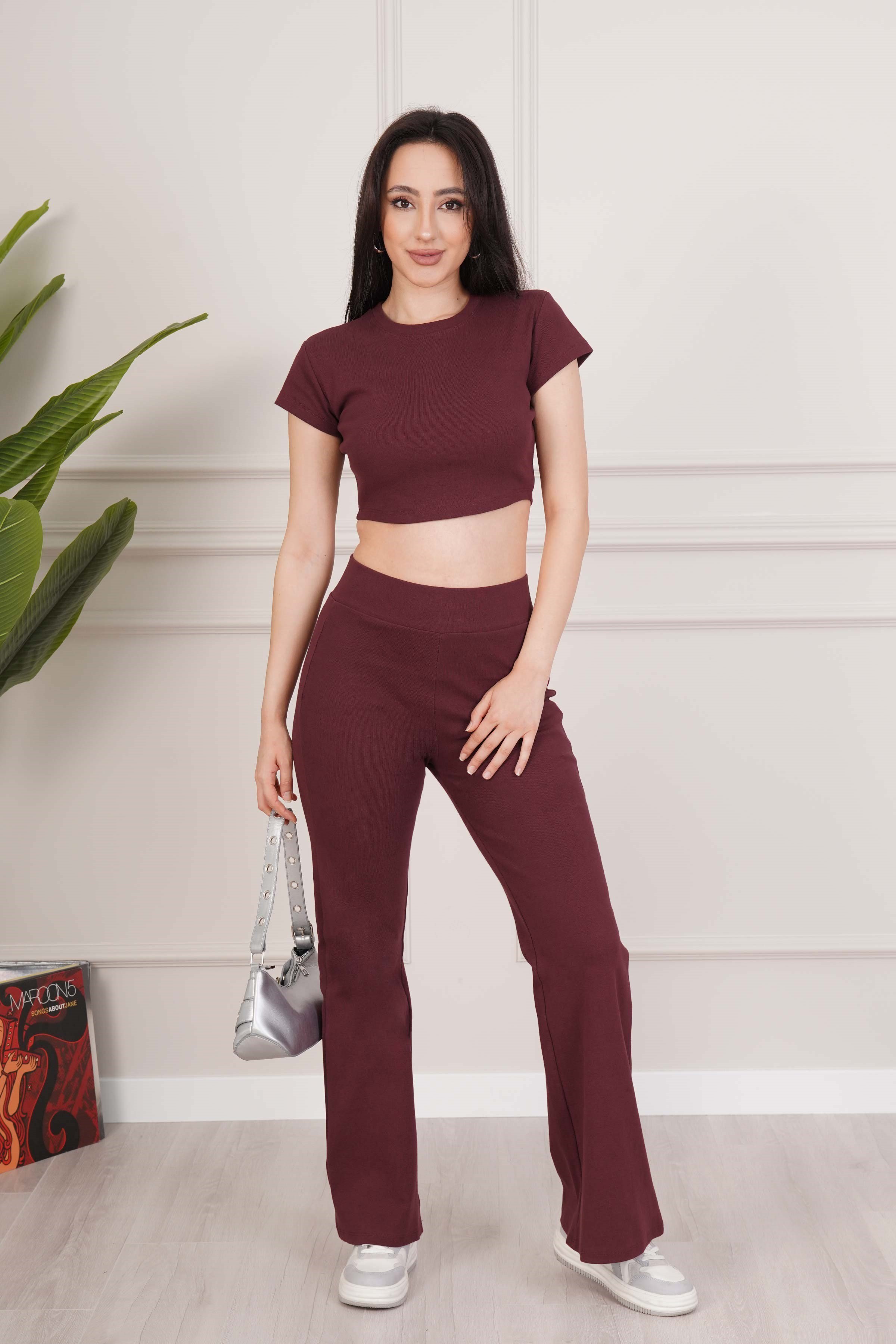 Basic Crop ve İspanyol Paça Pantolon Bordo İkili Takım