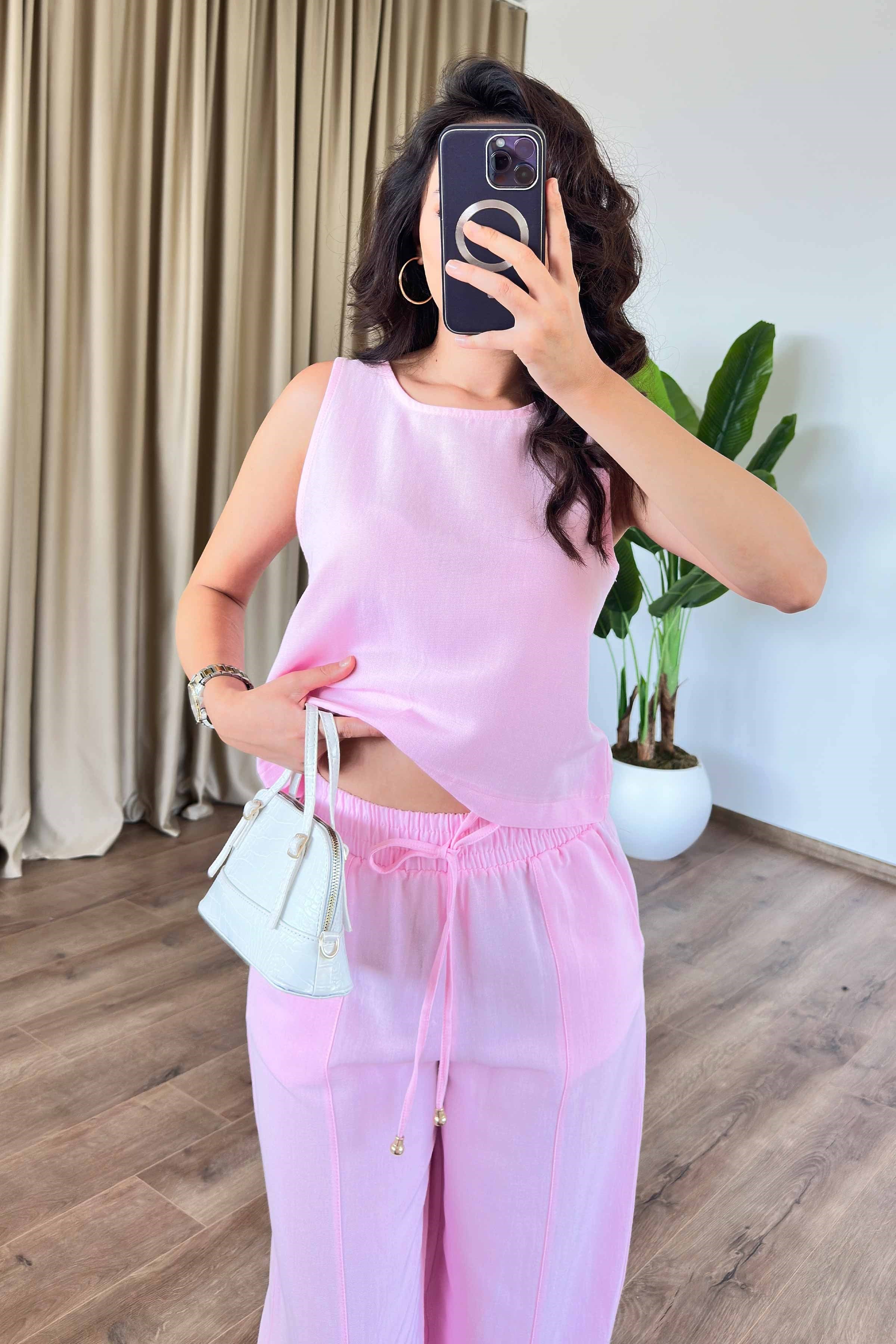 Basic Model Summer Pembe Keten Takım