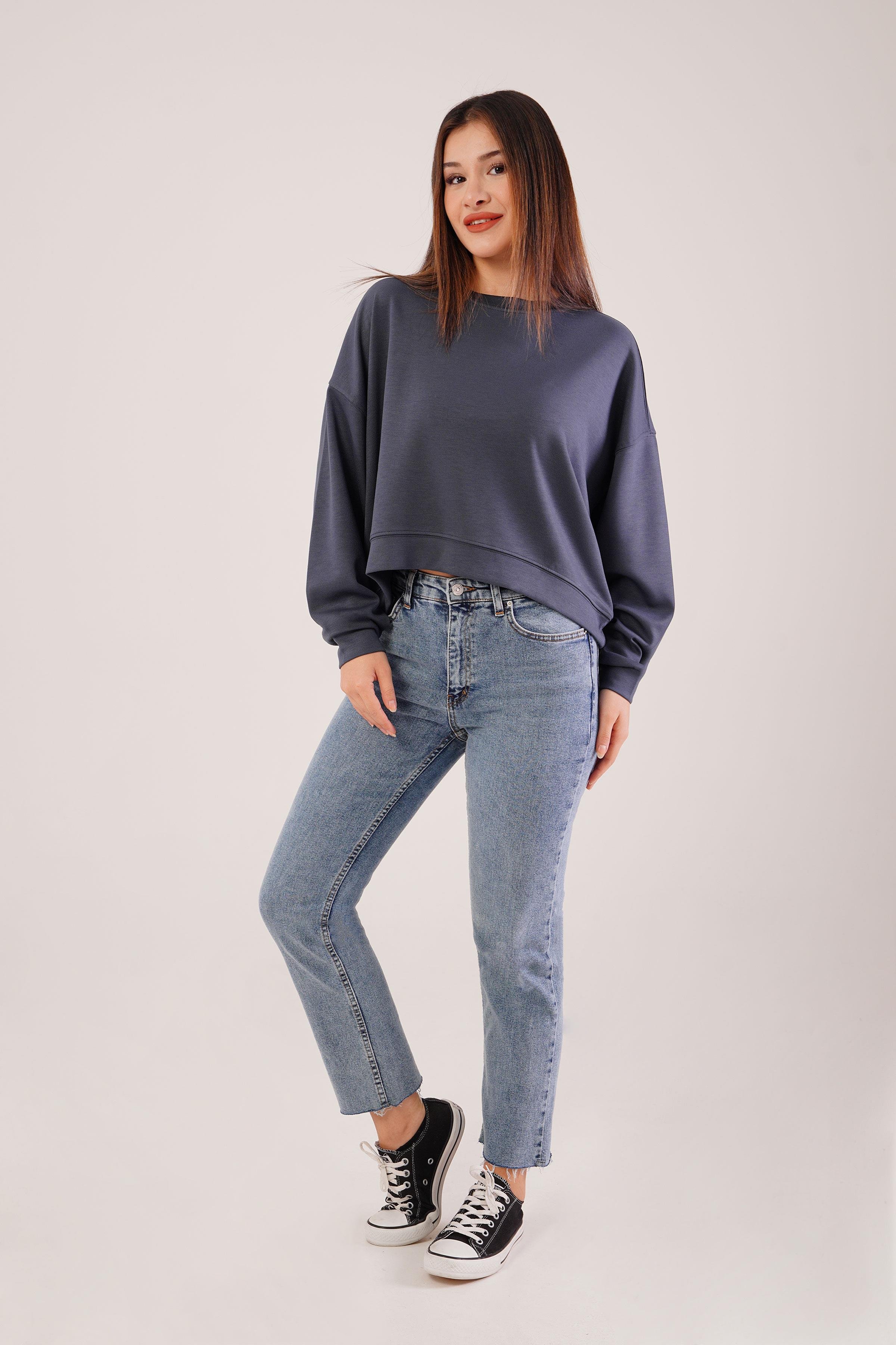 Bisiklet Yaka Basic Modal Antrasit Sweatshirt
