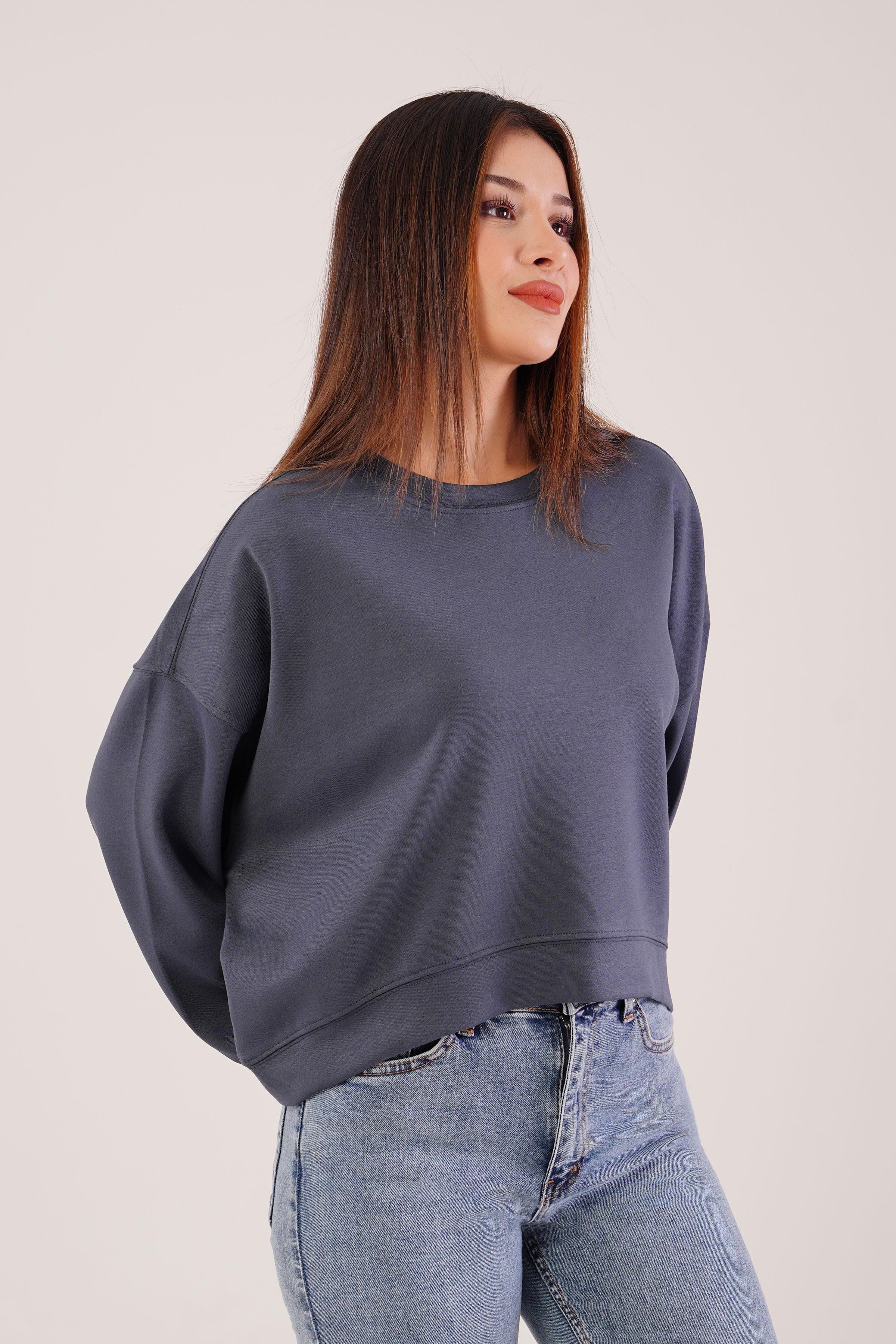 Bisiklet Yaka Basic Modal Antrasit Sweatshirt