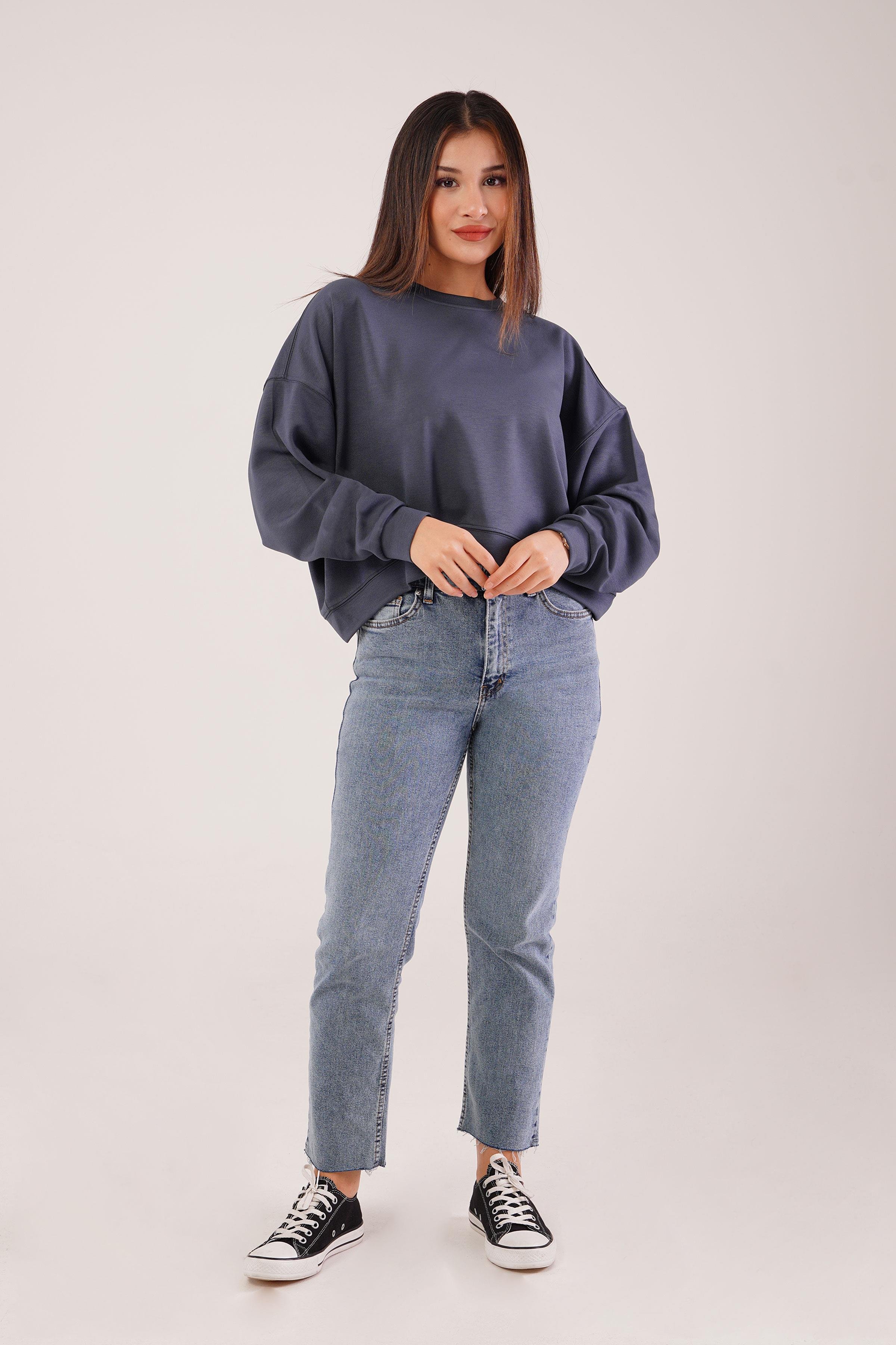 Bisiklet Yaka Basic Modal Antrasit Sweatshirt