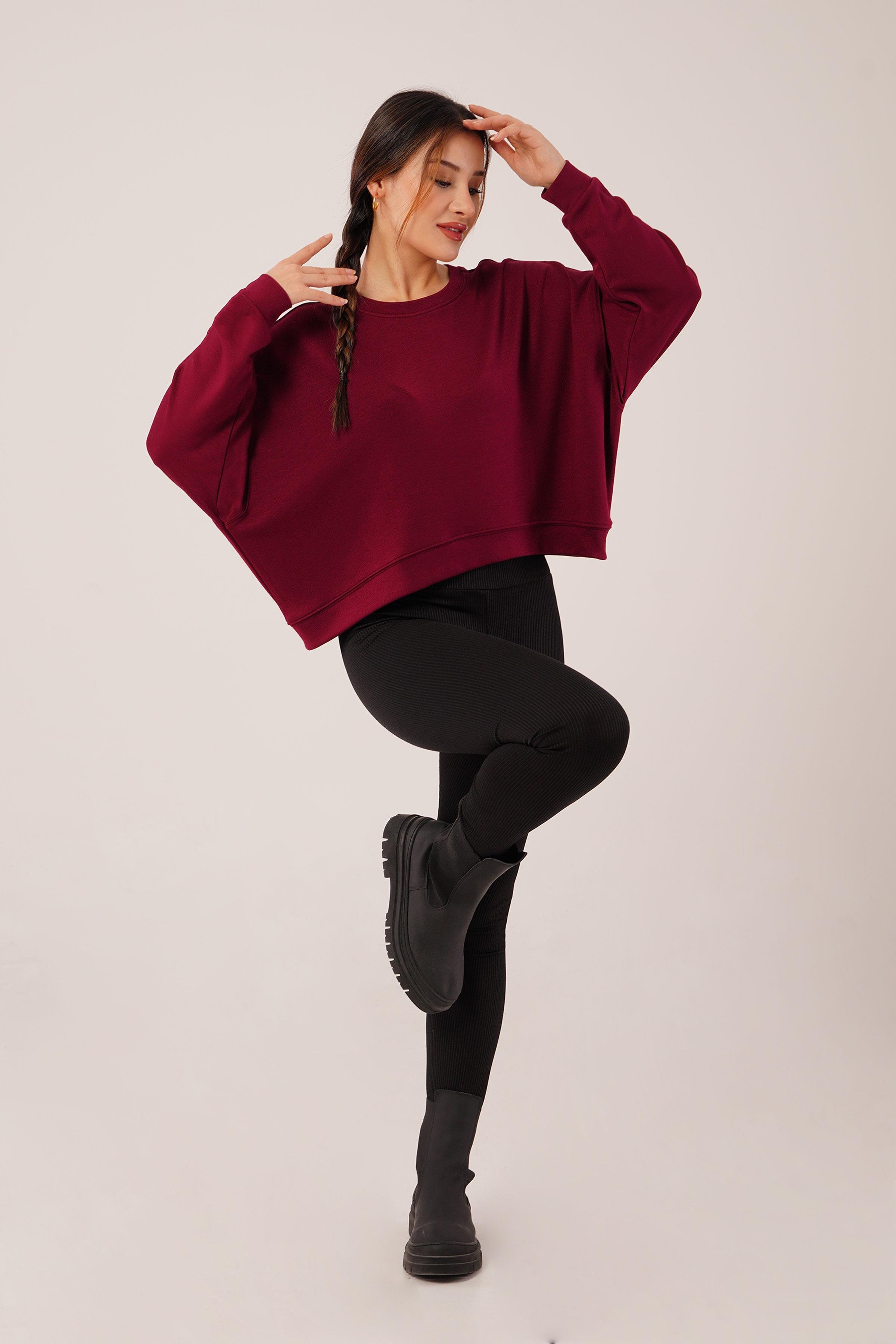 Bisiklet Yaka Basic Modal Bordo Sweatshirt