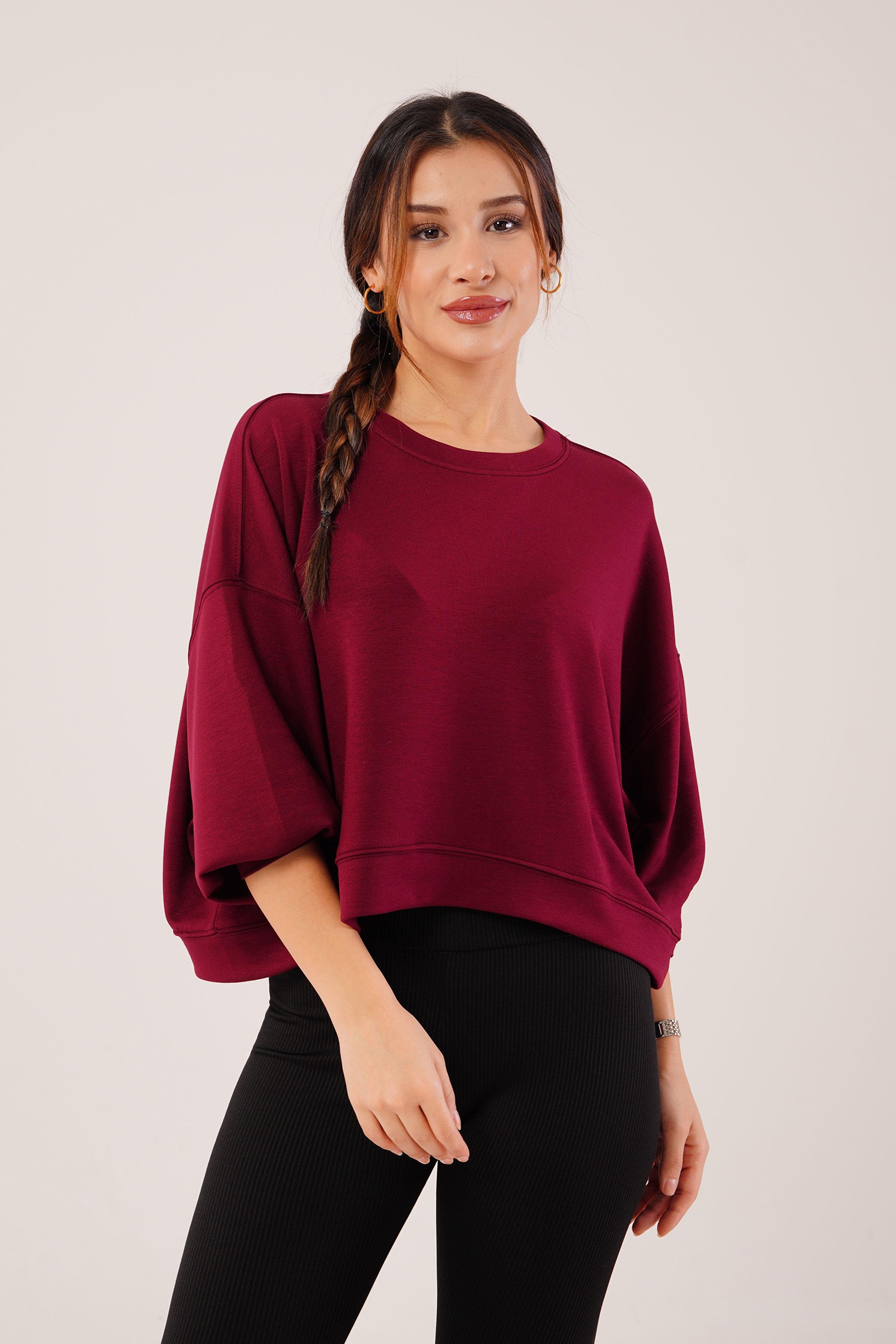Bisiklet Yaka Basic Modal Bordo Sweatshirt