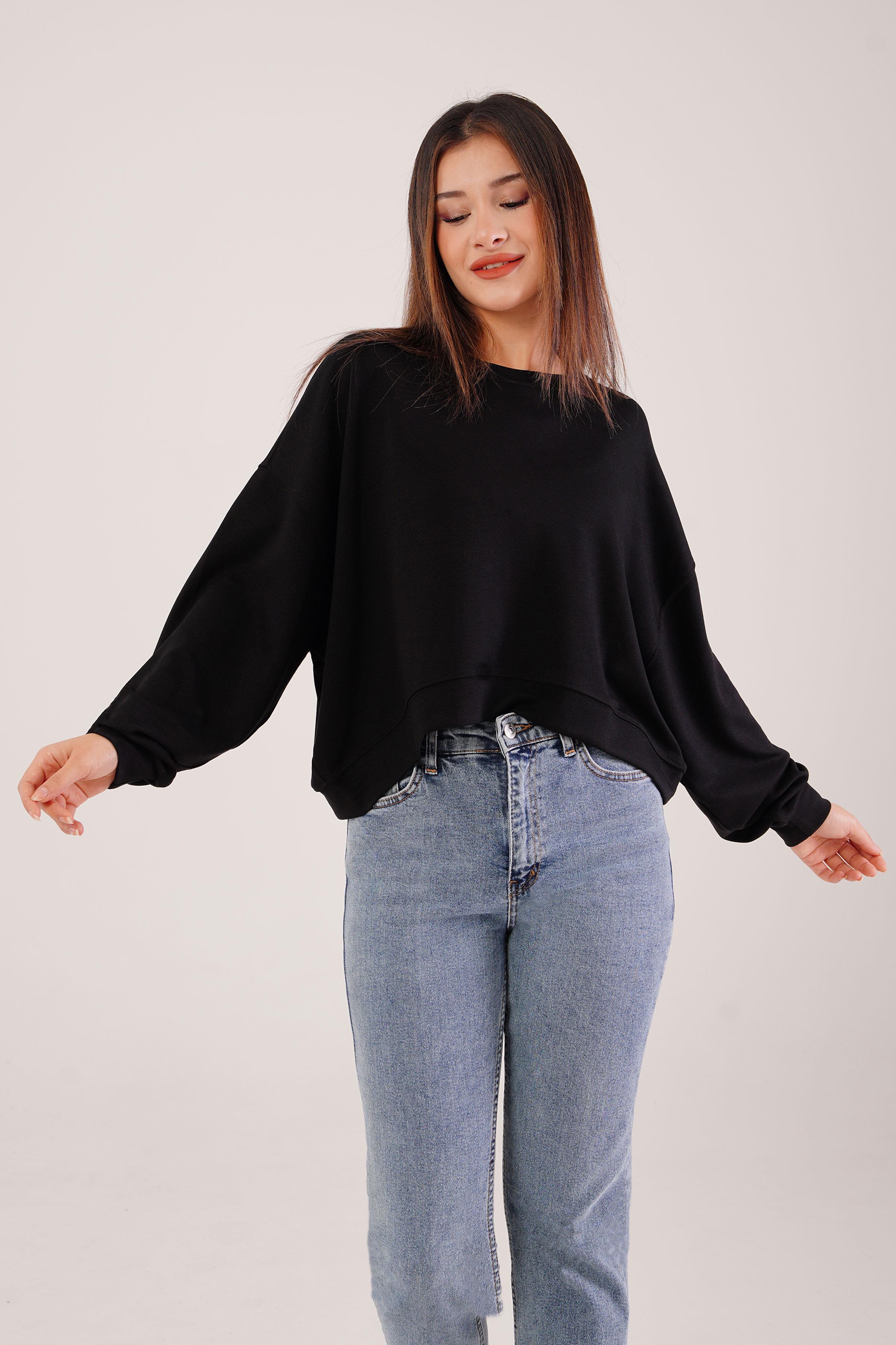 Bisiklet Yaka Basic Modal Siyah Sweatshirt