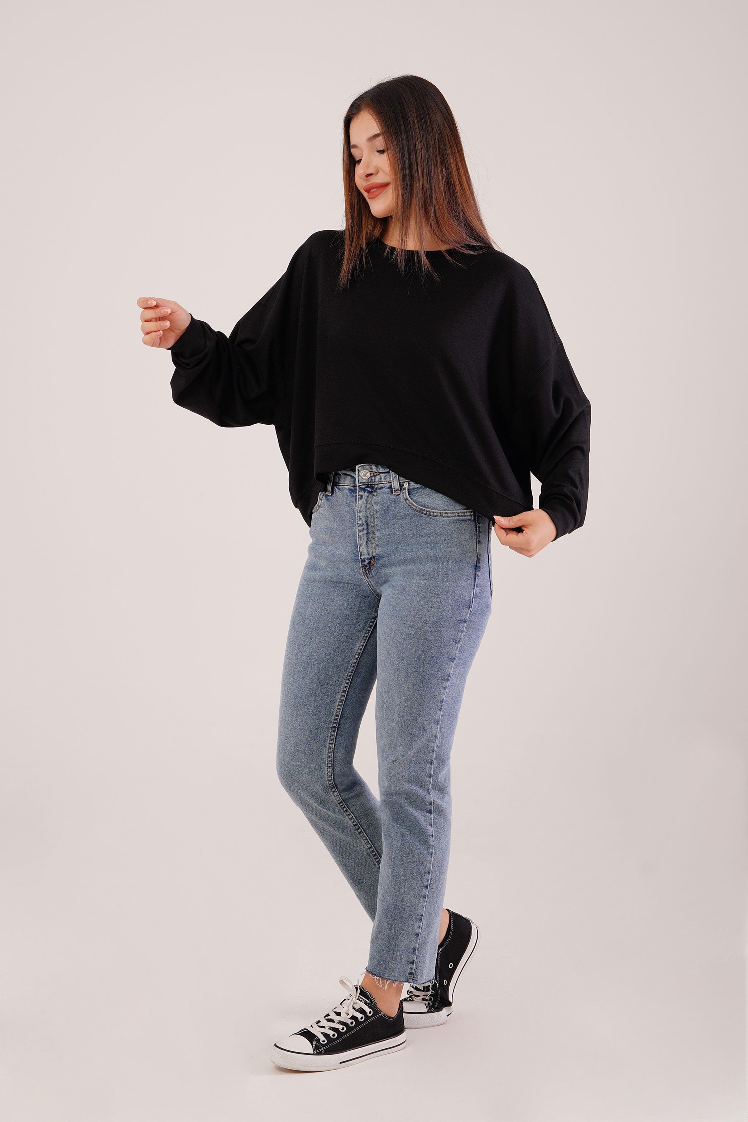 Bisiklet Yaka Basic Modal Siyah Sweatshirt